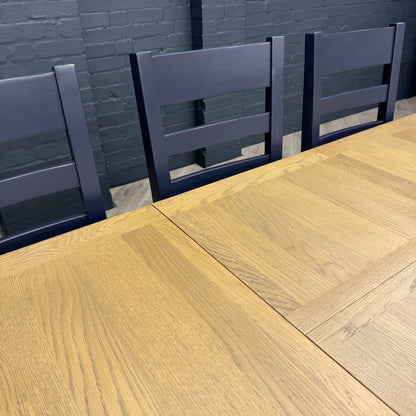 Norfolk Oak & Blue Painted Dining Table - 1.8m Butterfly Extending Table PLUS X6 Norfolk Oak & Blue Painted Ladder Back Natural Check Seat Dining Chairs