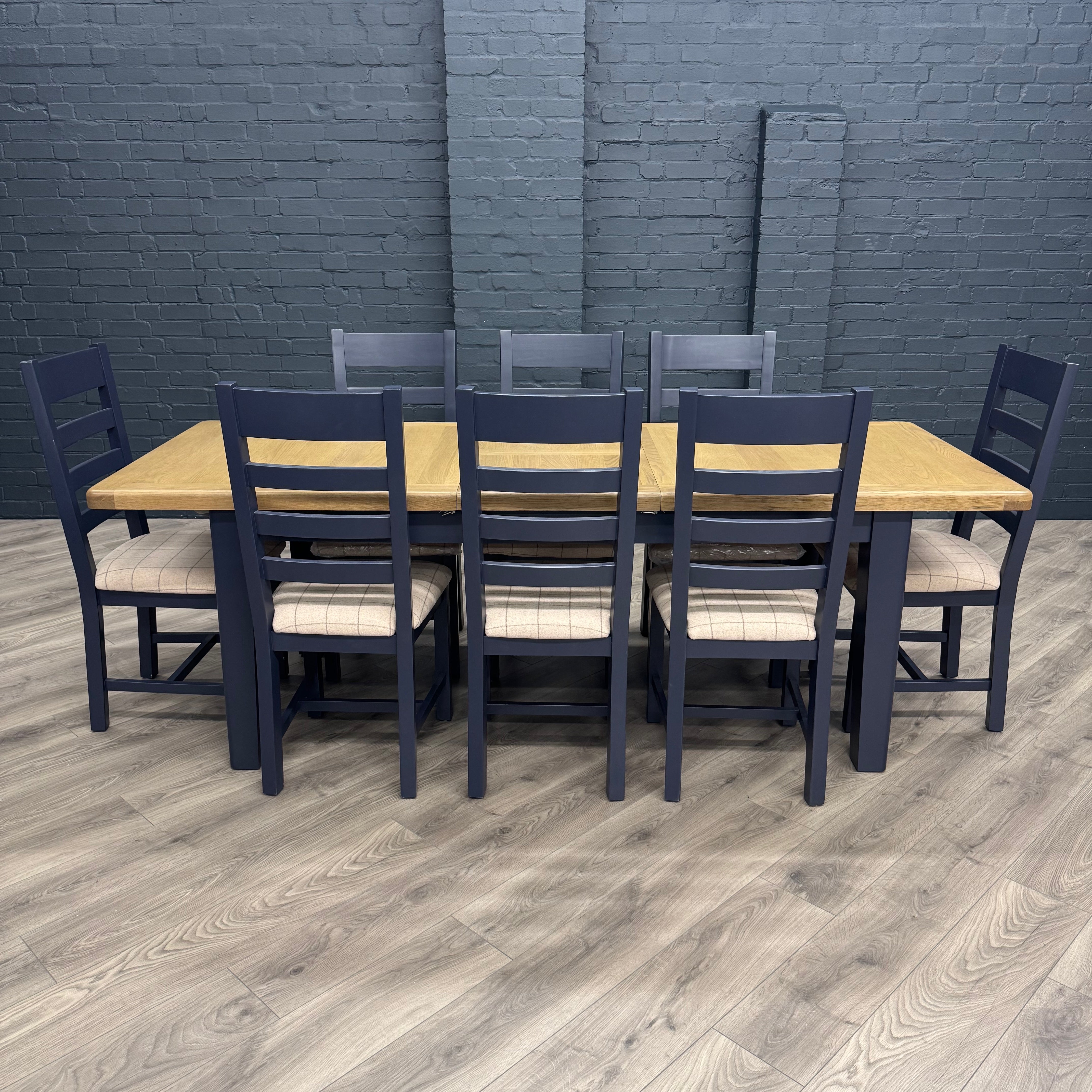 Norfolk Oak & Blue Painted Dining Table - 1.8m Butterfly Extending Table PLUS X8 Norfolk Oak & Blue Painted Ladder Back Natural Check Seat Dining Chairs
