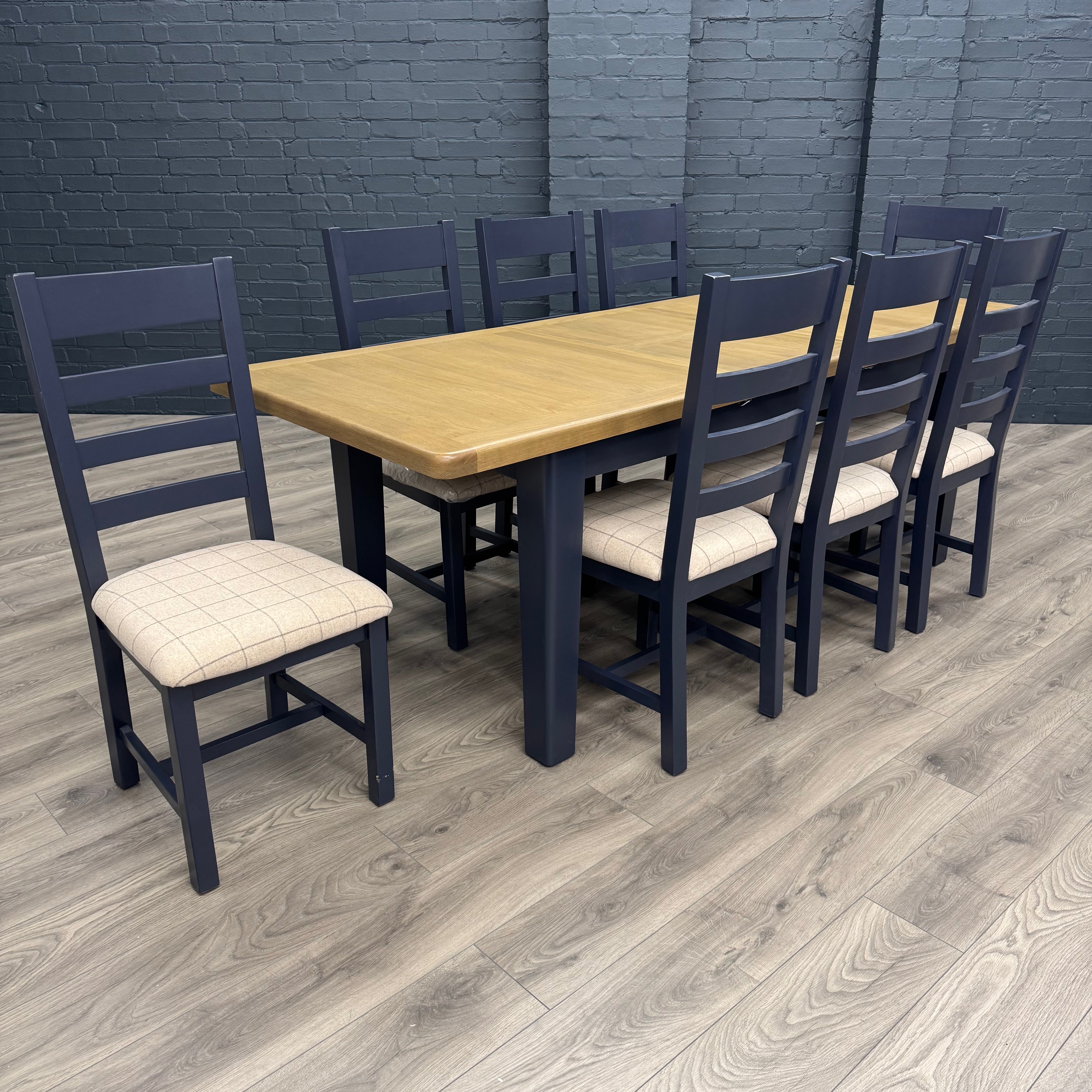 Norfolk Oak & Blue Painted Dining Table - 1.8m Butterfly Extending Table PLUS X8 Norfolk Oak & Blue Painted Ladder Back Natural Check Seat Dining Chairs