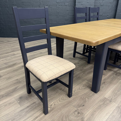 Norfolk Oak & Blue Painted Dining Table - 1.8m Butterfly Extending Table PLUS X6 Norfolk Oak & Blue Painted Ladder Back Natural Check Seat Dining Chairs