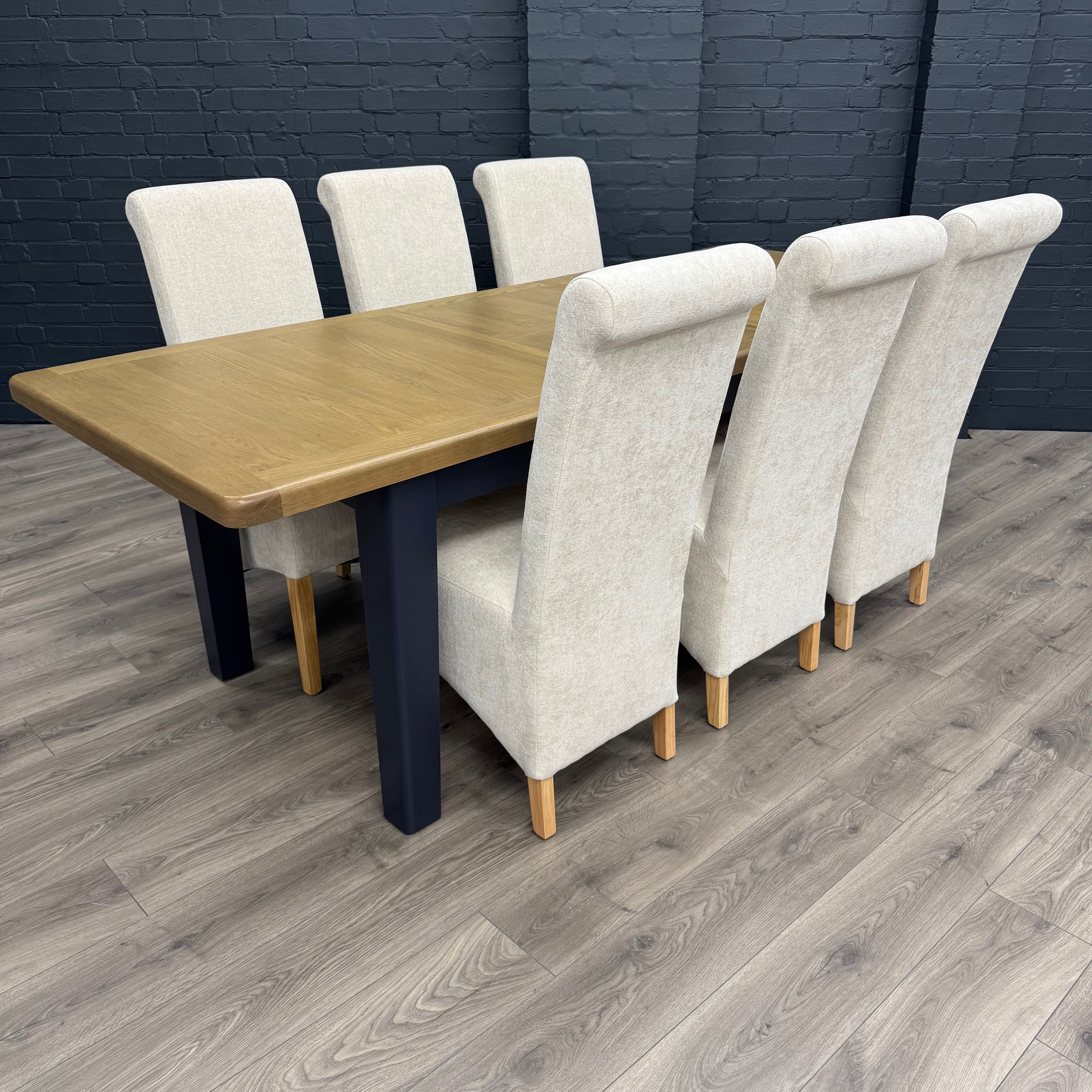 Norfolk Oak & Blue Painted Dining Table - 1.8m Butterfly Extending Table PLUS X6 New Trimpley Natural Fabric Scroll Back Dining Chairs