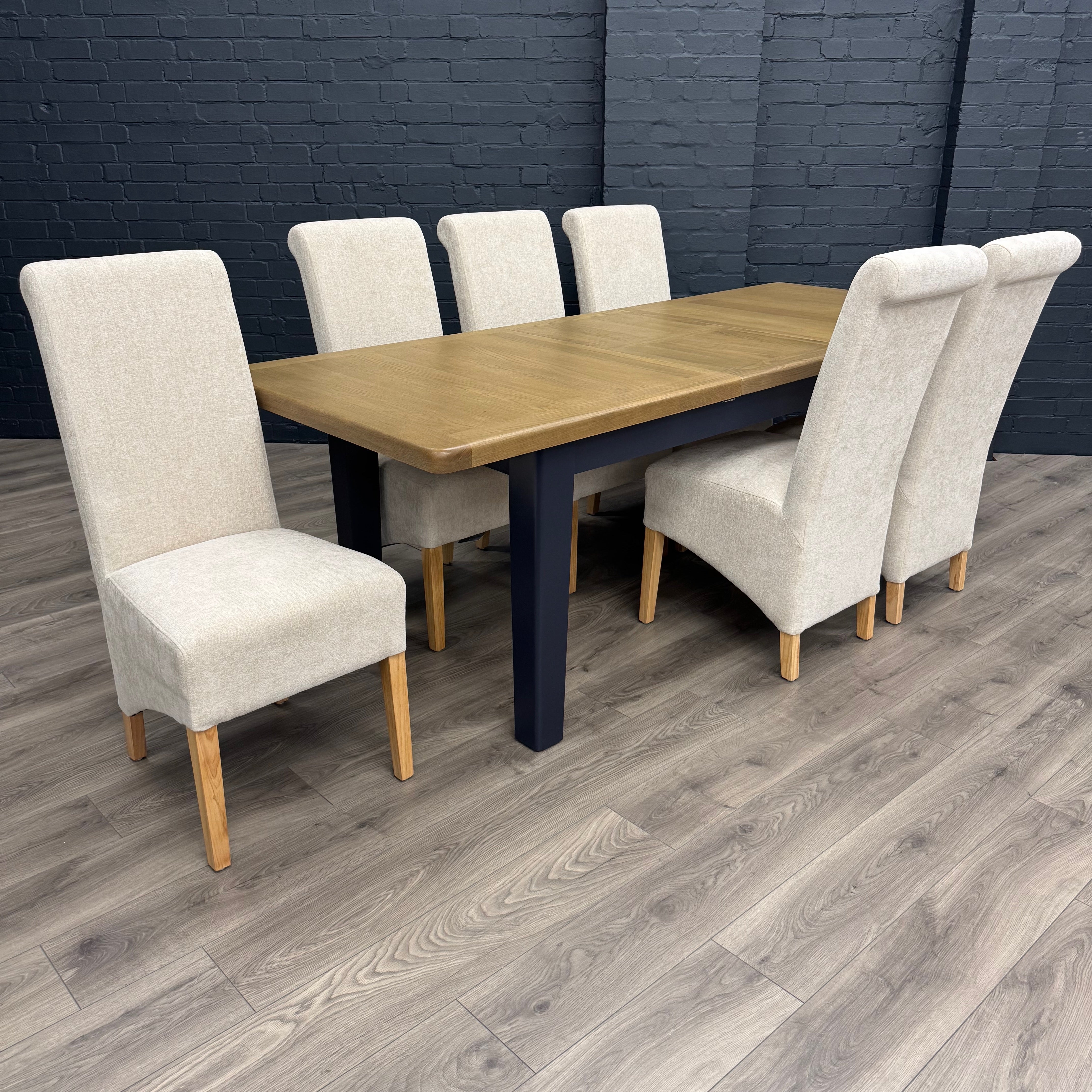 Norfolk Oak & Blue Painted Dining Table - 1.8m Butterfly Extending Table PLUS X6 New Trimpley Natural Fabric Scroll Back Dining Chairs