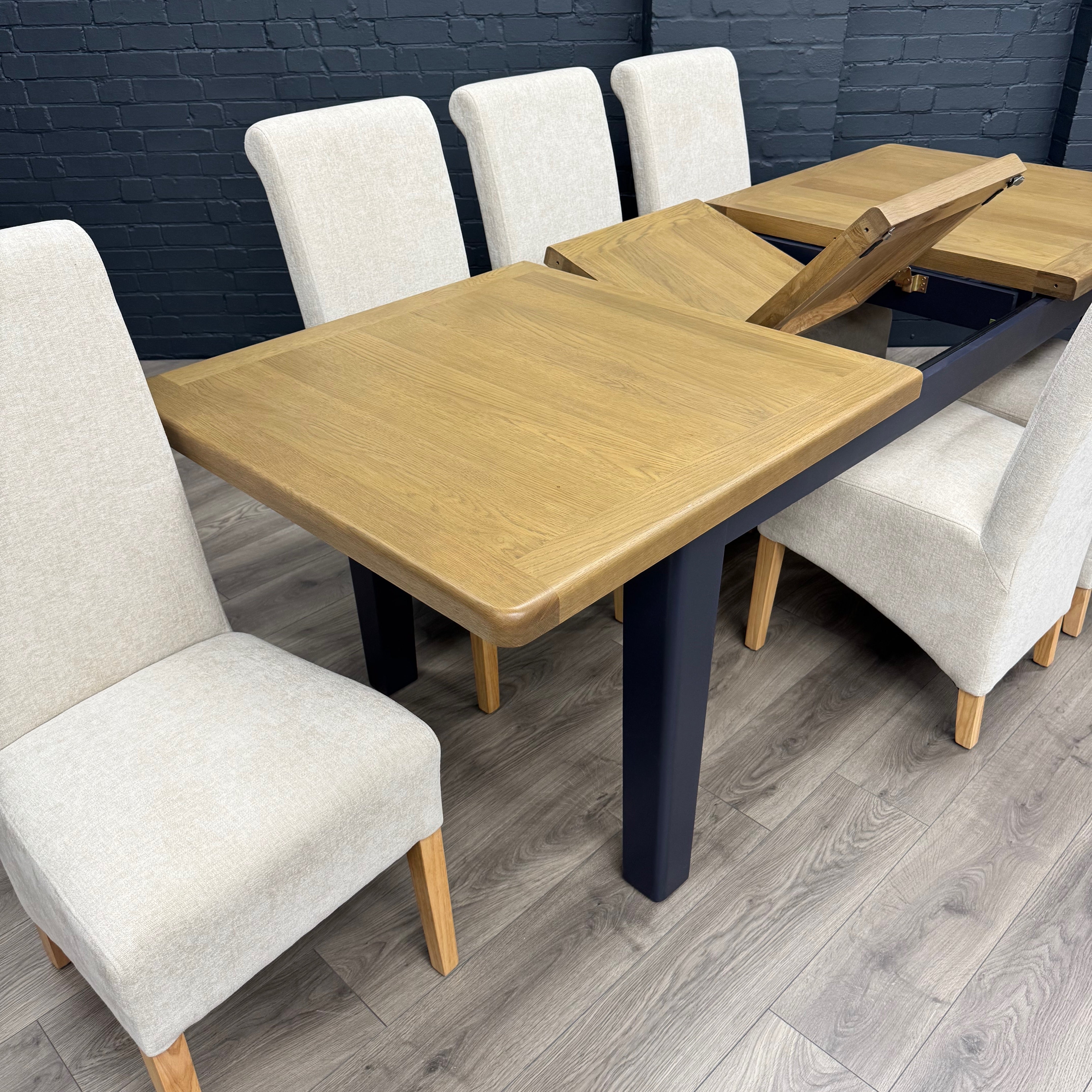 Norfolk Oak & Blue Painted Dining Table - 1.8m Butterfly Extending Table PLUS X6 New Trimpley Natural Fabric Scroll Back Dining Chairs