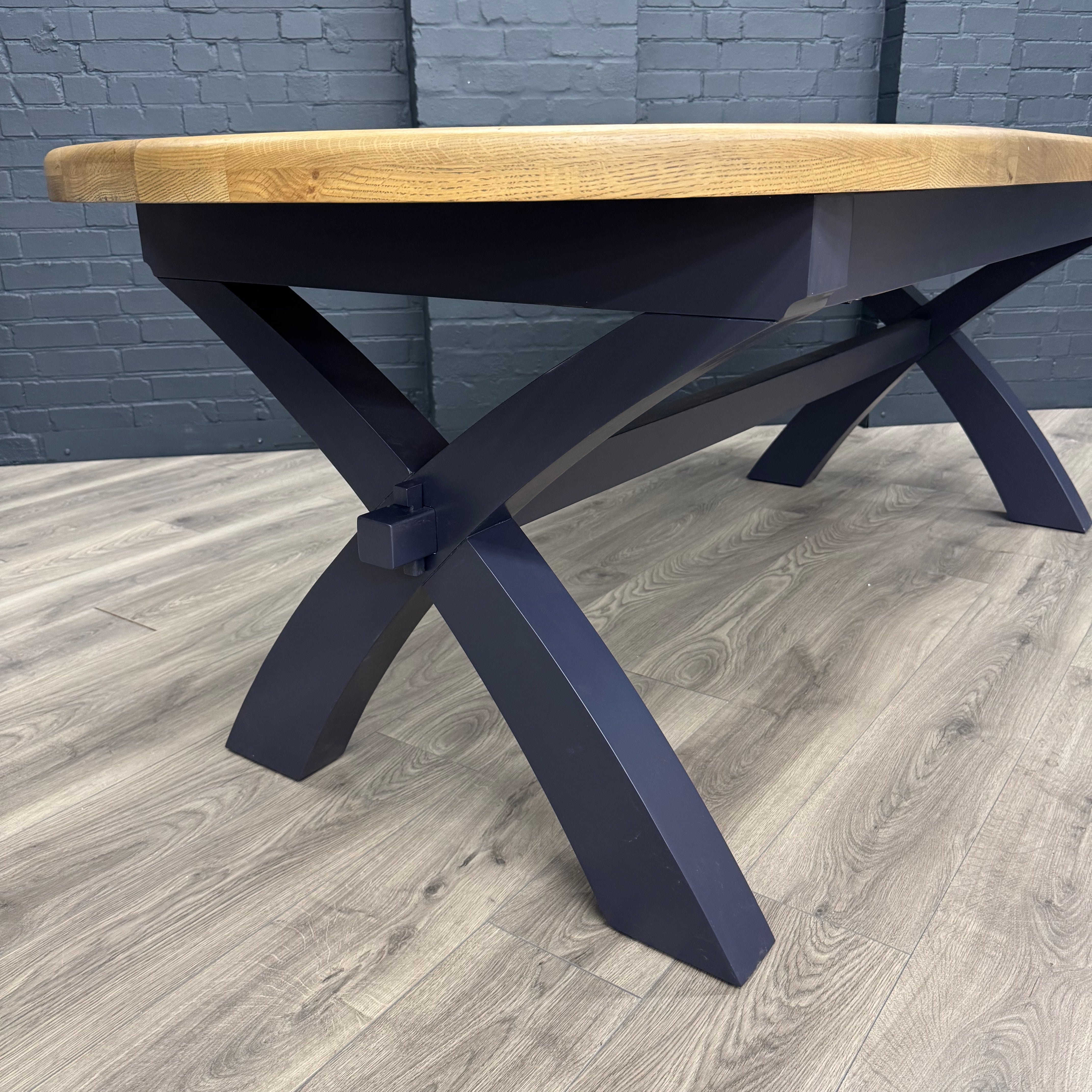 Norfolk Oak & Blue Painted - Extending Dining Table - 2.25m Oval Butterfly PLUS X8 Norfolk Oak & Blue Painted Ladder Back Natural Check Seat Dining Chairs