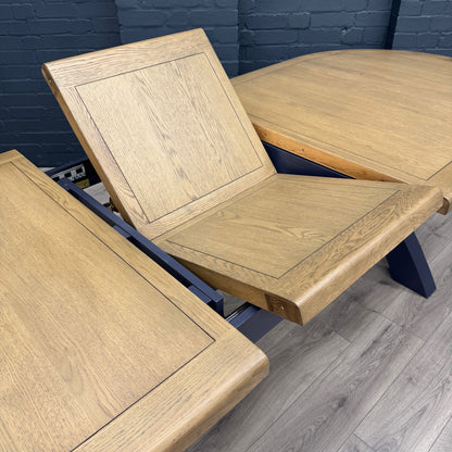 Norfolk Oak & Blue Painted - Extending Dining Table - 2.25m Oval Butterfly
