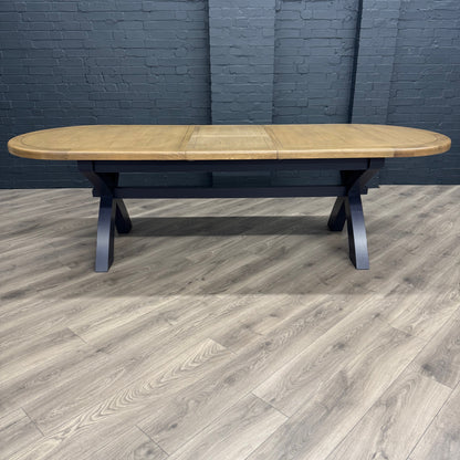 Norfolk Oak & Blue Painted - Extending Dining Table - 2.25m Oval Butterfly