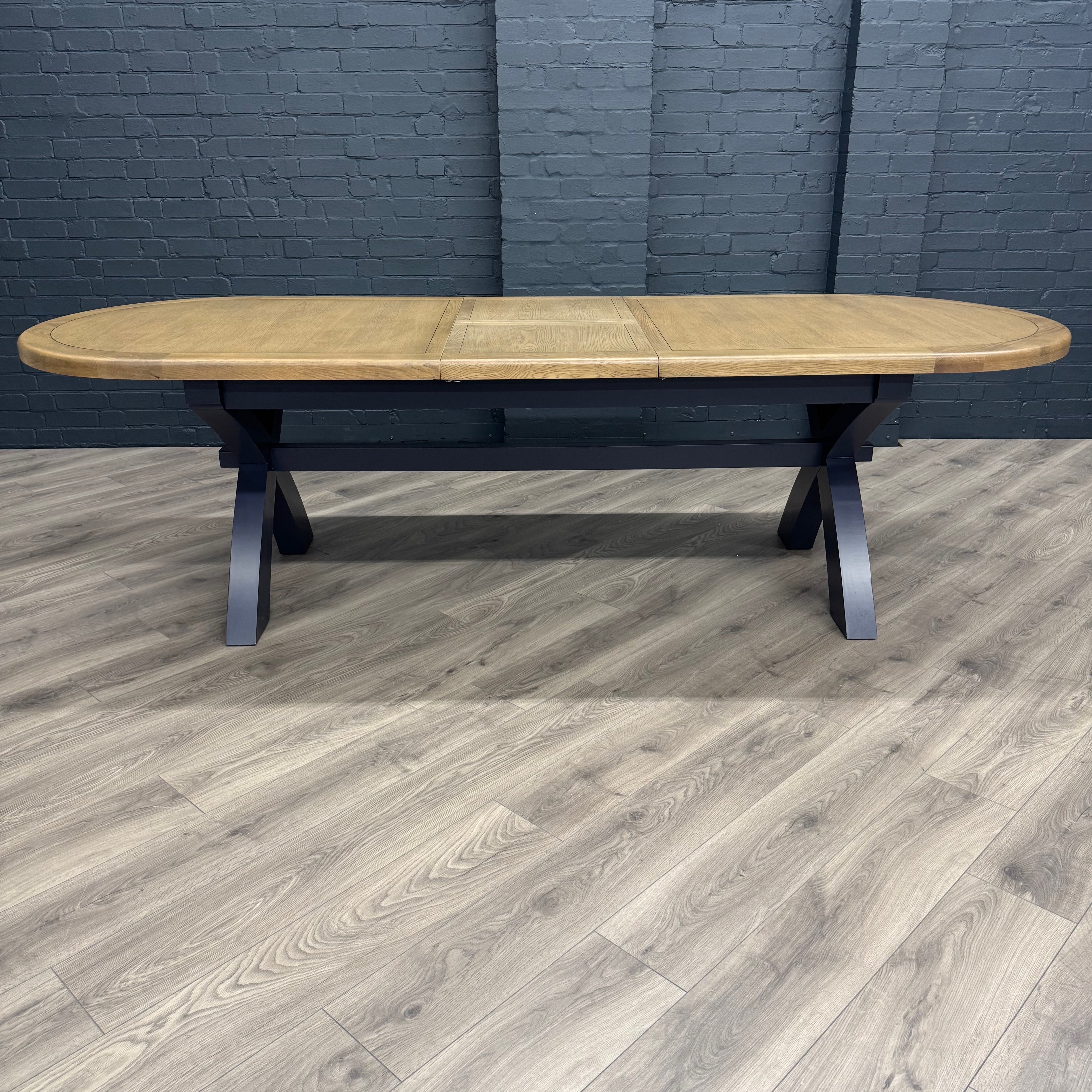Norfolk Oak & Blue Painted - Extending Dining Table - 2.25m Oval Butterfly