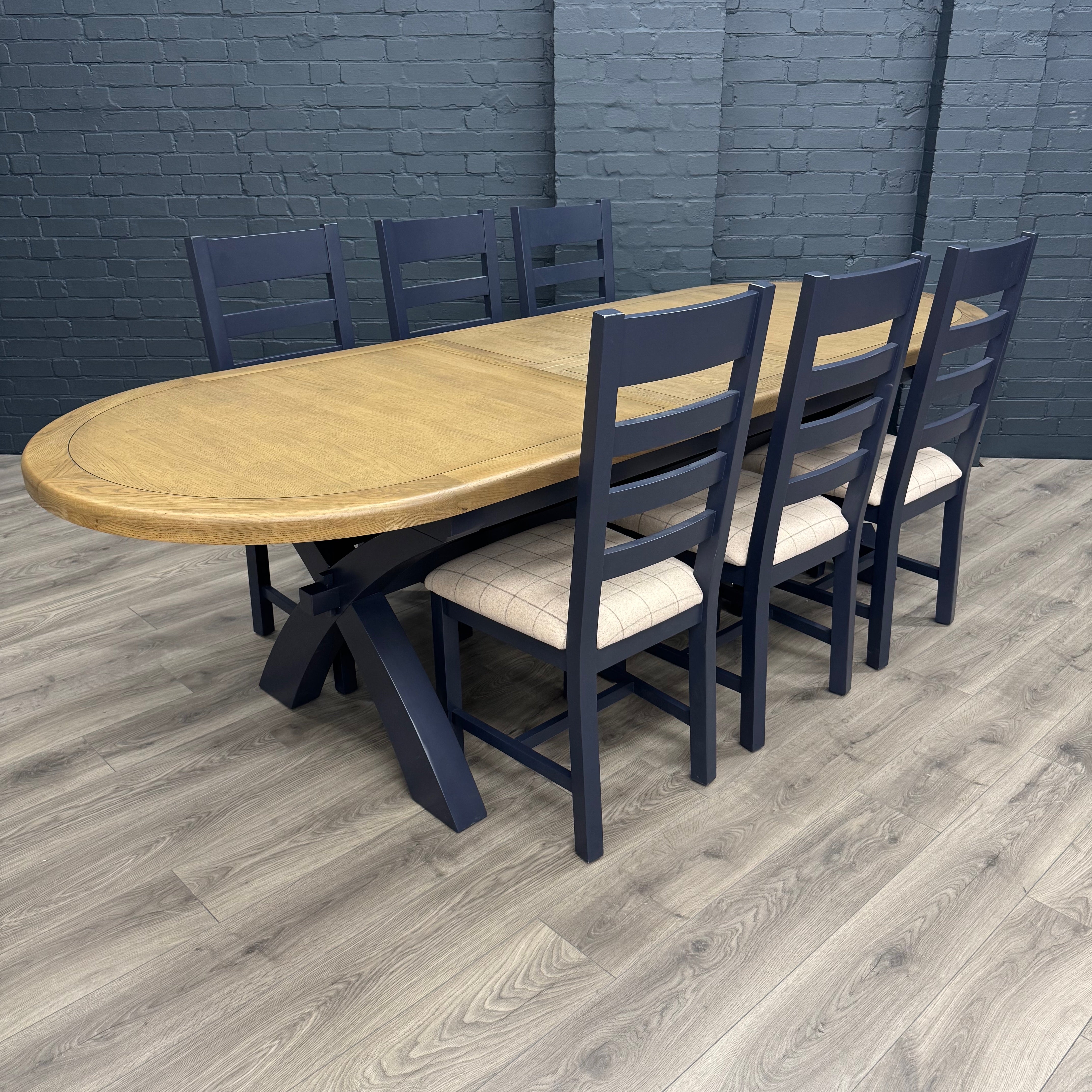 Norfolk Oak & Blue Painted - Extending Dining Table - 2.25m Oval Butterfly PLUS X6 Norfolk Oak & Blue Painted Ladder Back Natural Check Seat Dining Chairs