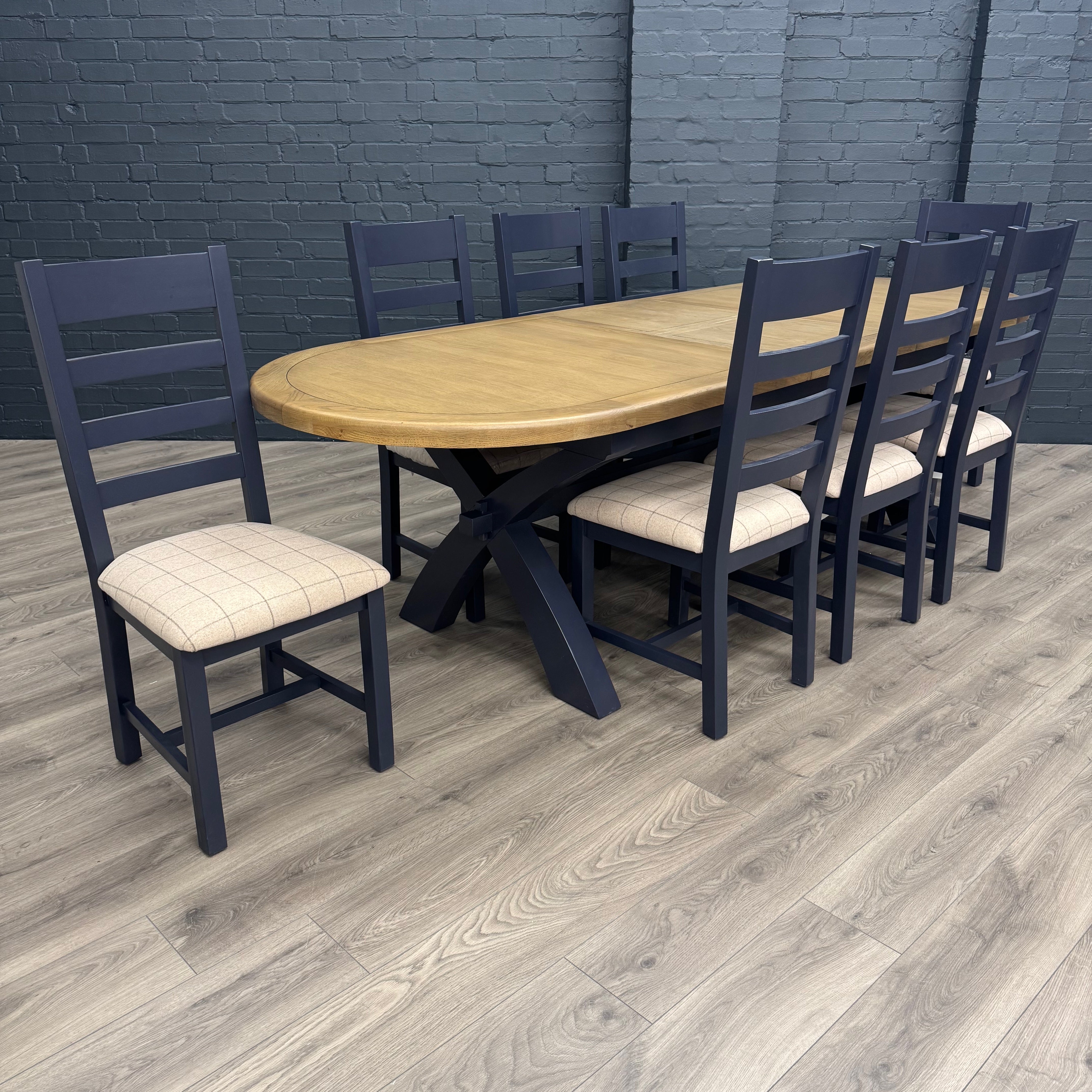 Norfolk Oak & Blue Painted - Extending Dining Table - 2.25m Oval Butterfly PLUS X8 Norfolk Oak & Blue Painted Ladder Back Natural Check Seat Dining Chairs