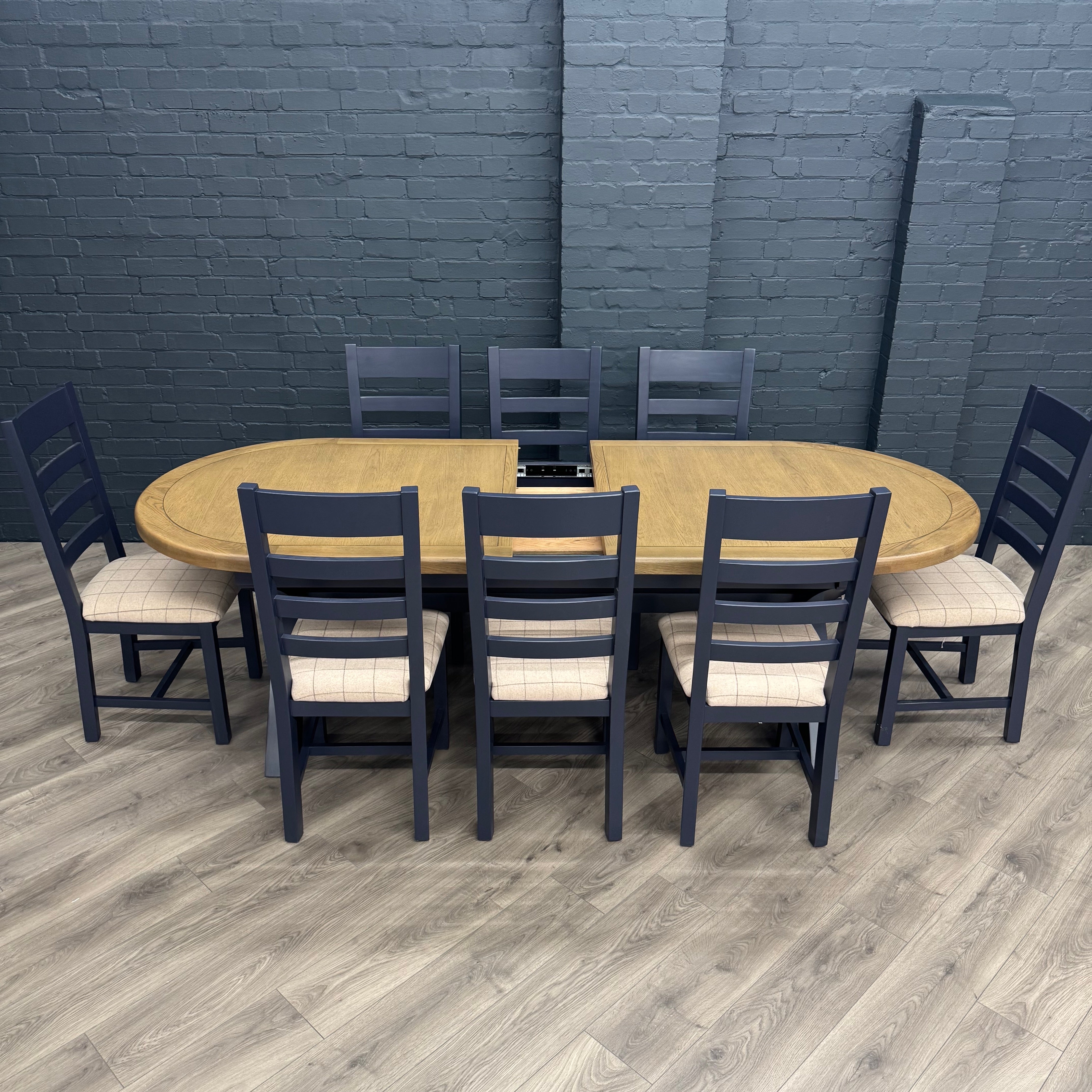 Norfolk Oak & Blue Painted - Extending Dining Table - 2.25m Oval Butterfly PLUS X8 Norfolk Oak & Blue Painted Ladder Back Natural Check Seat Dining Chairs