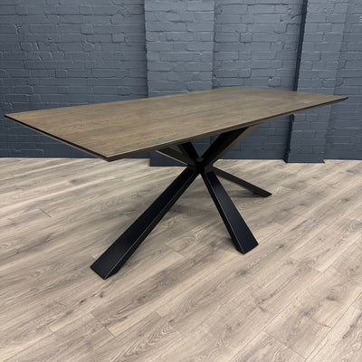 Stamford Dining Table With Metal Base - 180cm Fixed Top PLUS X1 Stamford Grey Velvet Bench & X3 Stamford Grey Velvet Dining Chairs
