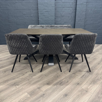 Stamford Dining Table With Metal Base - 180cm Fixed Top PLUS X1 Stamford Grey Velvet Bench & X3 Stamford Grey Velvet Dining Chairs