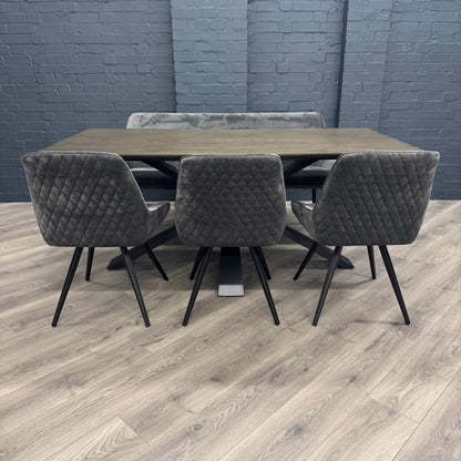Stamford Dining Table With Metal Base - 180cm Fixed Top PLUS X1 Stamford Grey Velvet Bench & X3 Stamford Grey Velvet Dining Chairs