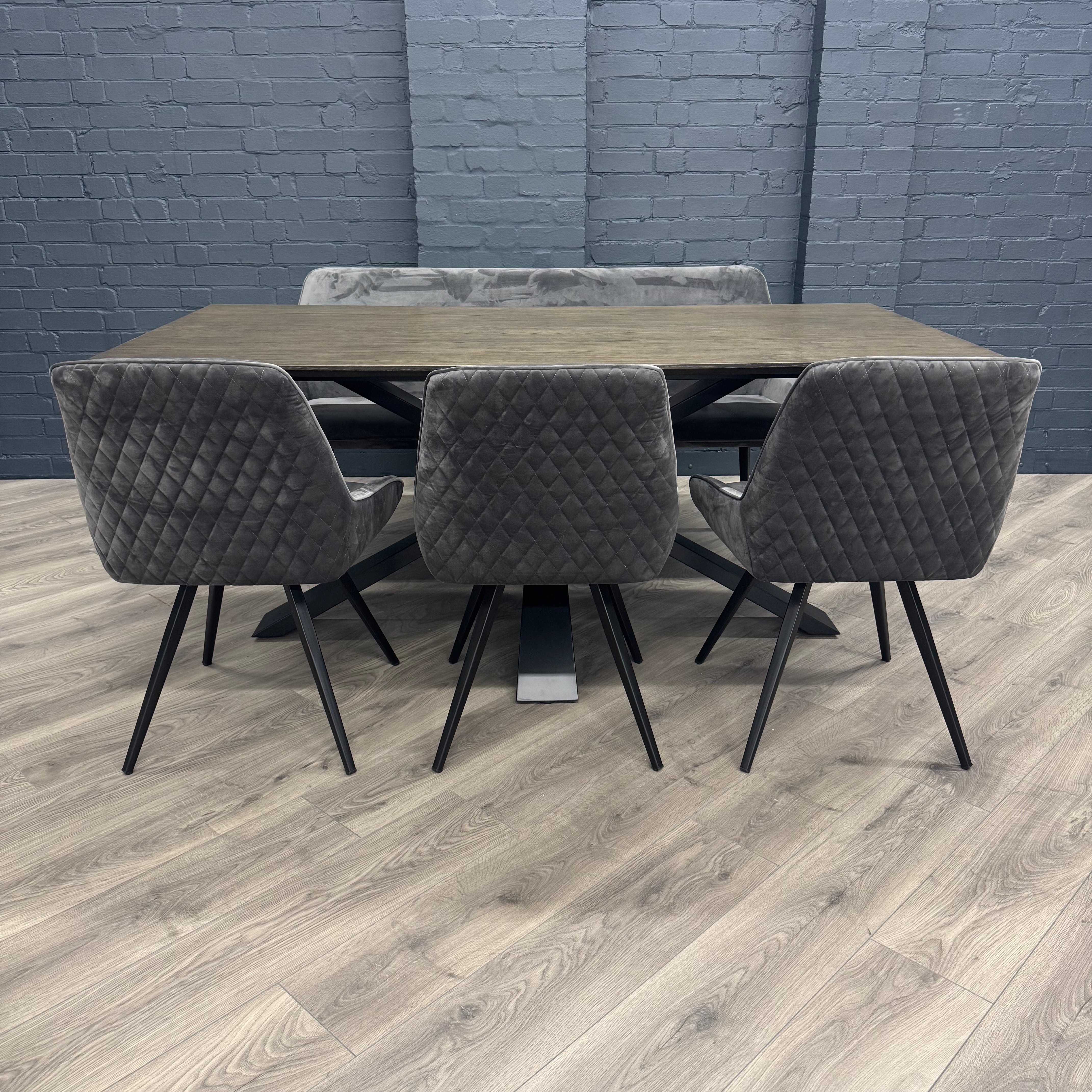 Stamford Dining Table With Metal Base - 180cm Fixed Top PLUS X1 Stamford Grey Velvet Bench & X3 Stamford Grey Velvet Dining Chairs