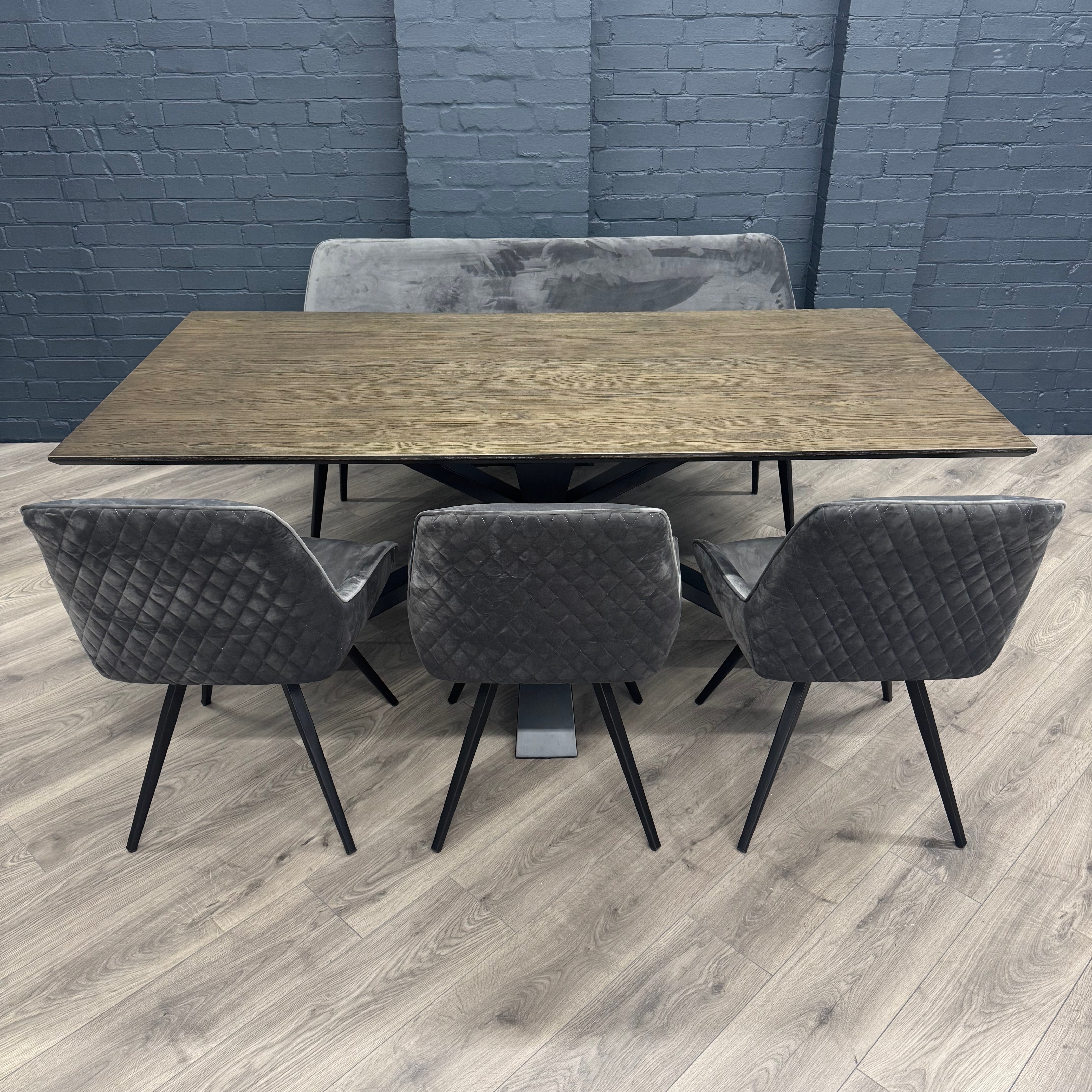 Stamford Dining Table With Metal Base - 180cm Fixed Top PLUS X1 Stamford Grey Velvet Bench & X3 Stamford Grey Velvet Dining Chairs