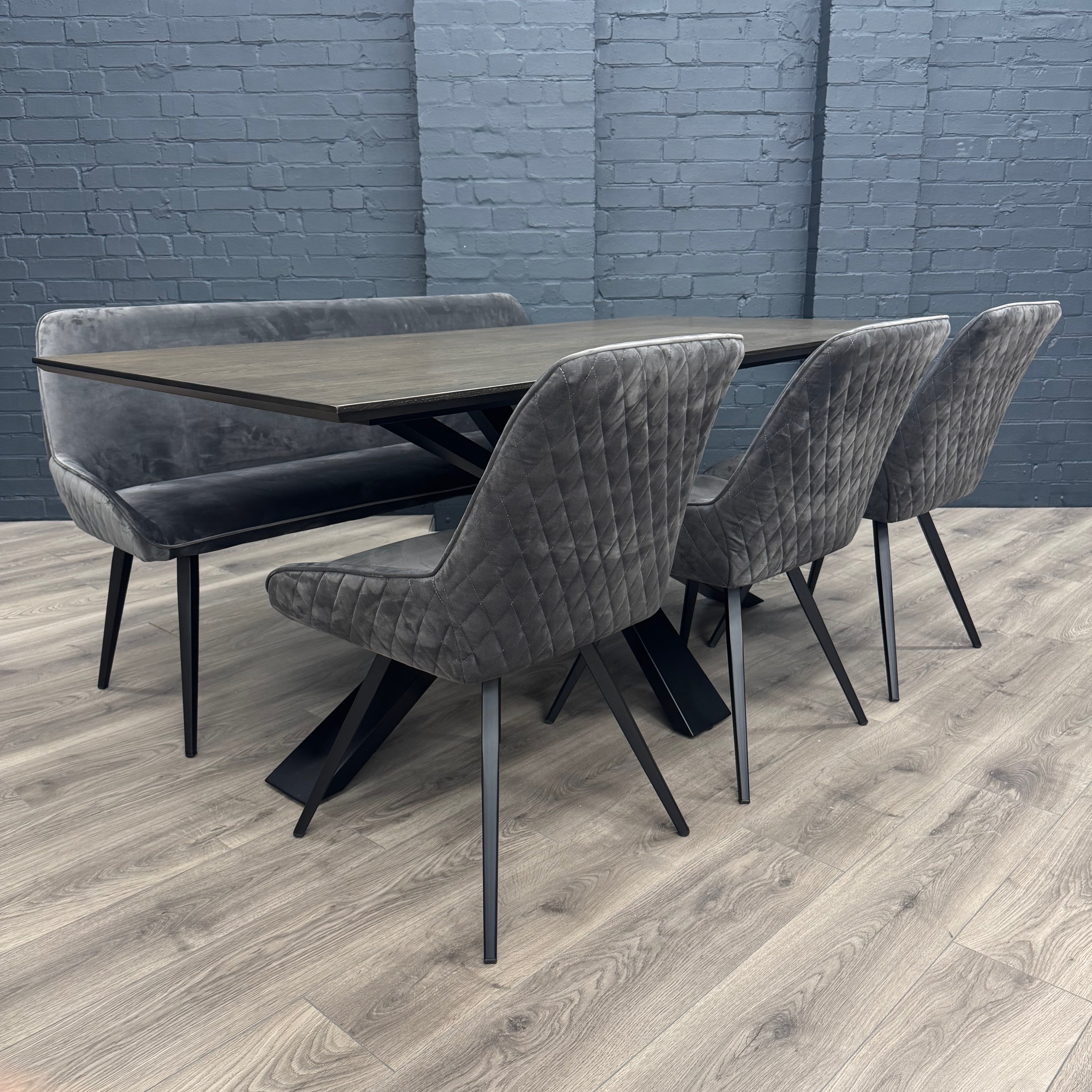 Stamford Dining Table With Metal Base - 180cm Fixed Top PLUS X1 Stamford Grey Velvet Bench & X3 Stamford Grey Velvet Dining Chairs