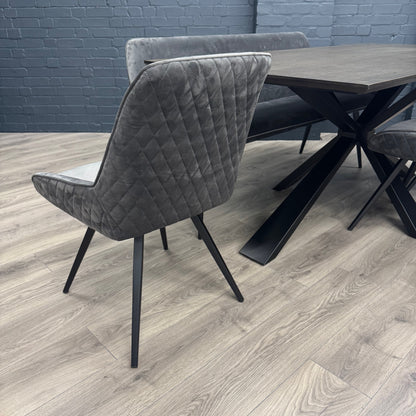 Stamford Dining Table With Metal Base - 180cm Fixed Top PLUS X1 Stamford Grey Velvet Bench & X3 Stamford Grey Velvet Dining Chairs