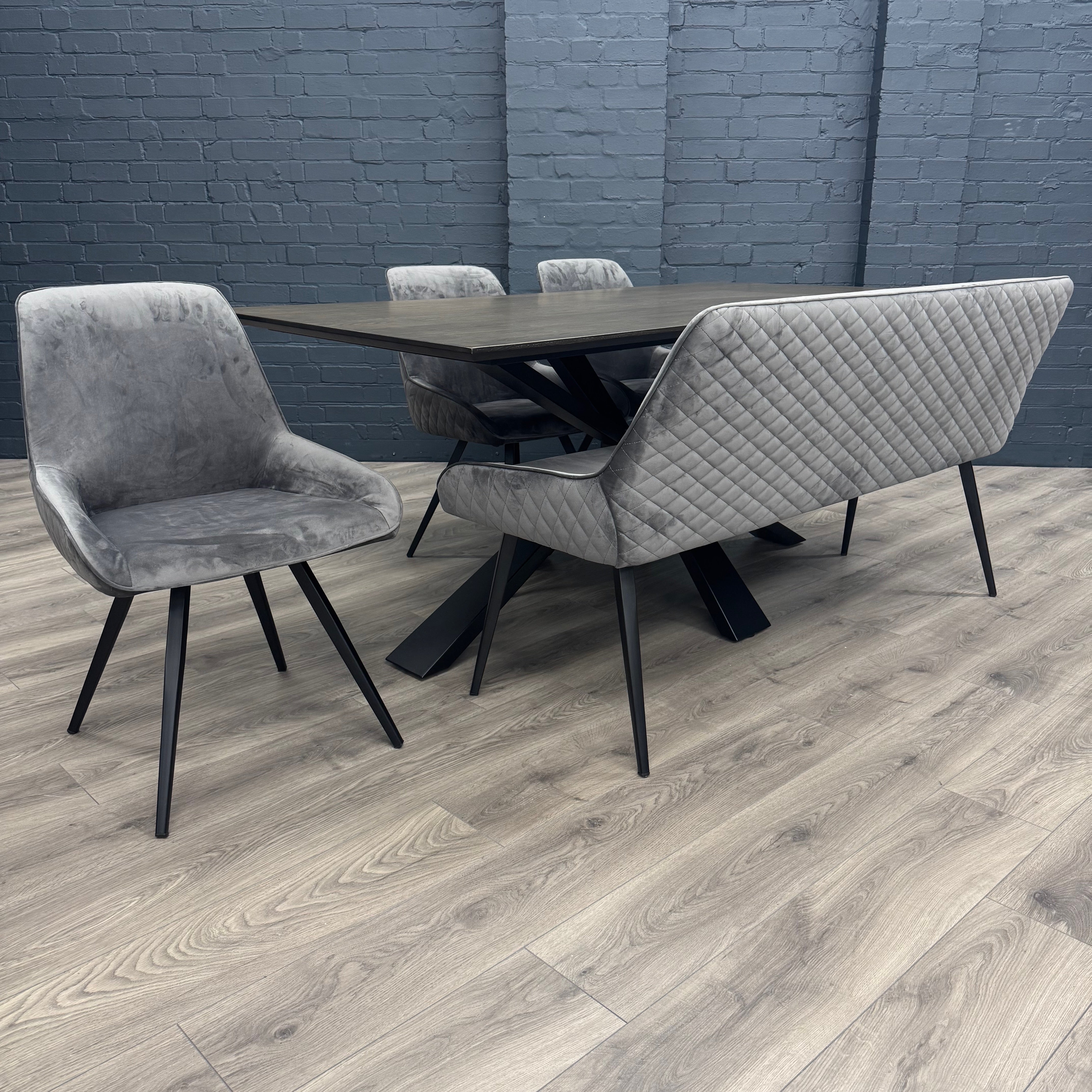 Stamford Dining Table With Metal Base - 180cm Fixed Top PLUS X1 Stamford Grey Velvet Bench & X3 Stamford Grey Velvet Dining Chairs