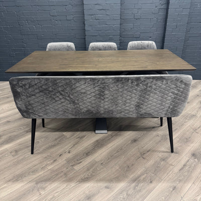 Stamford Dining Table With Metal Base - 180cm Fixed Top PLUS X1 Stamford Grey Velvet Bench & X3 Stamford Grey Velvet Dining Chairs