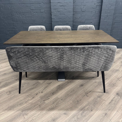Stamford Dining Table With Metal Base - 180cm Fixed Top PLUS X1 Stamford Grey Velvet Bench & X3 Stamford Grey Velvet Dining Chairs