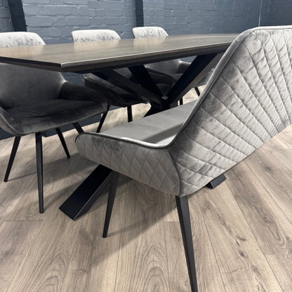 Stamford Dining Table With Metal Base - 180cm Fixed Top PLUS X1 Stamford Grey Velvet Bench & X3 Stamford Grey Velvet Dining Chairs
