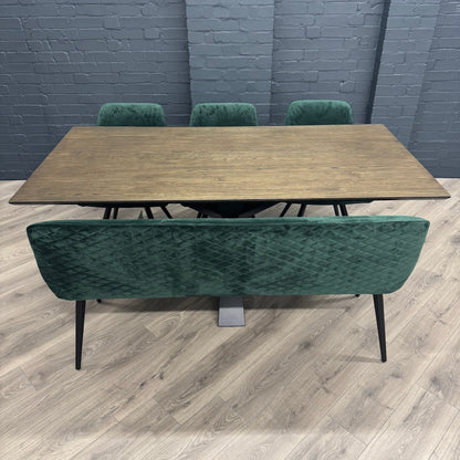Stamford Dining Table With Metal Base - 180cm Fixed Top PLUS X1 Stamford Green Velvet Bench & X3 Stamford Green Velvet Dining Chair