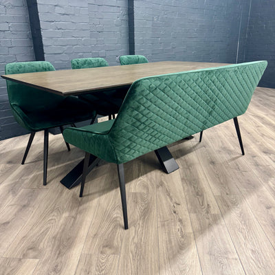 Stamford Dining Table With Metal Base - 180cm Fixed Top PLUS X1 Stamford Green Velvet Bench & X3 Stamford Green Velvet Dining Chair