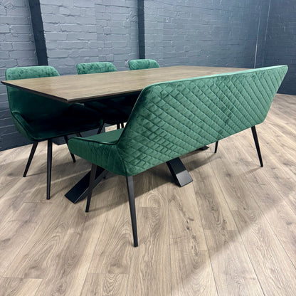 Stamford Dining Table With Metal Base - 180cm Fixed Top PLUS X1 Stamford Green Velvet Bench & X3 Stamford Green Velvet Dining Chair