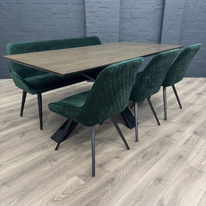 Stamford Dining Table With Metal Base - 180cm Fixed Top PLUS X1 Stamford Green Velvet Bench & X3 Stamford Green Velvet Dining Chair
