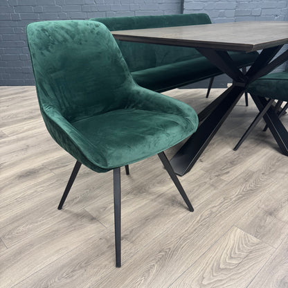 Stamford Dining Table With Metal Base - 180cm Fixed Top PLUS X1 Stamford Green Velvet Bench & X3 Stamford Green Velvet Dining Chair