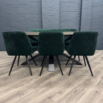 Stamford Dining Table With Metal Base - 180cm Fixed Top PLUS X1 Stamford Green Velvet Bench & X3 Stamford Green Velvet Dining Chair