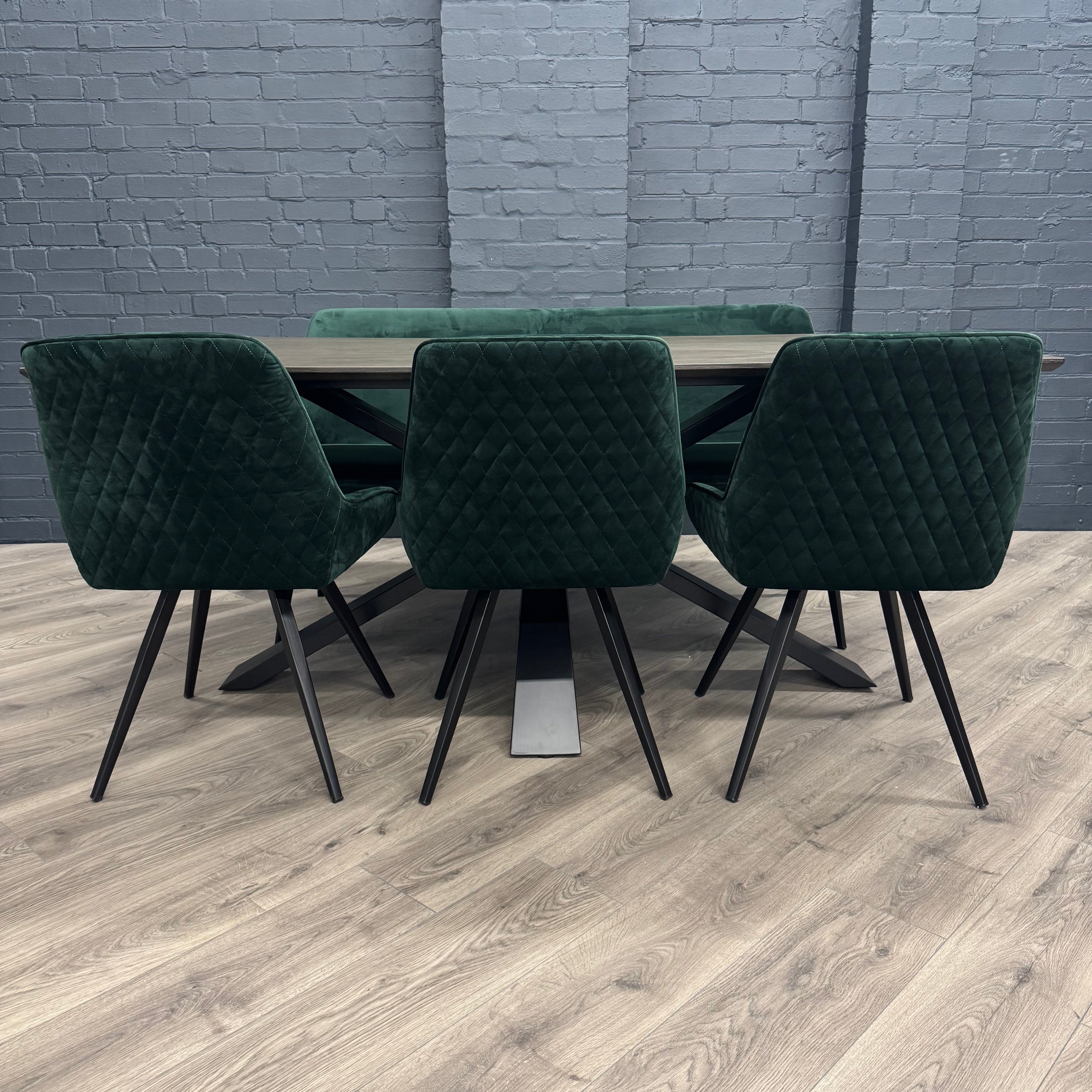 Stamford Dining Table With Metal Base - 180cm Fixed Top PLUS X1 Stamford Green Velvet Bench & X3 Stamford Green Velvet Dining Chair