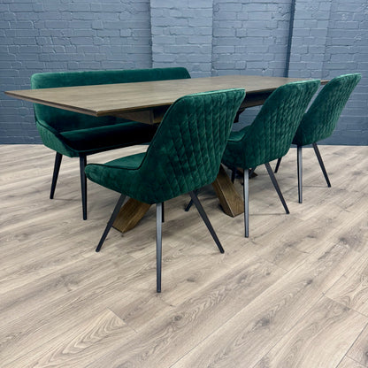 Stamford Oak Dining Table with Cross Leg Wooden Base - 160cm Extending Table PLUS X1 Stamford Green Velvet Bench & X3 Stamford Green Velvet Dining Chair