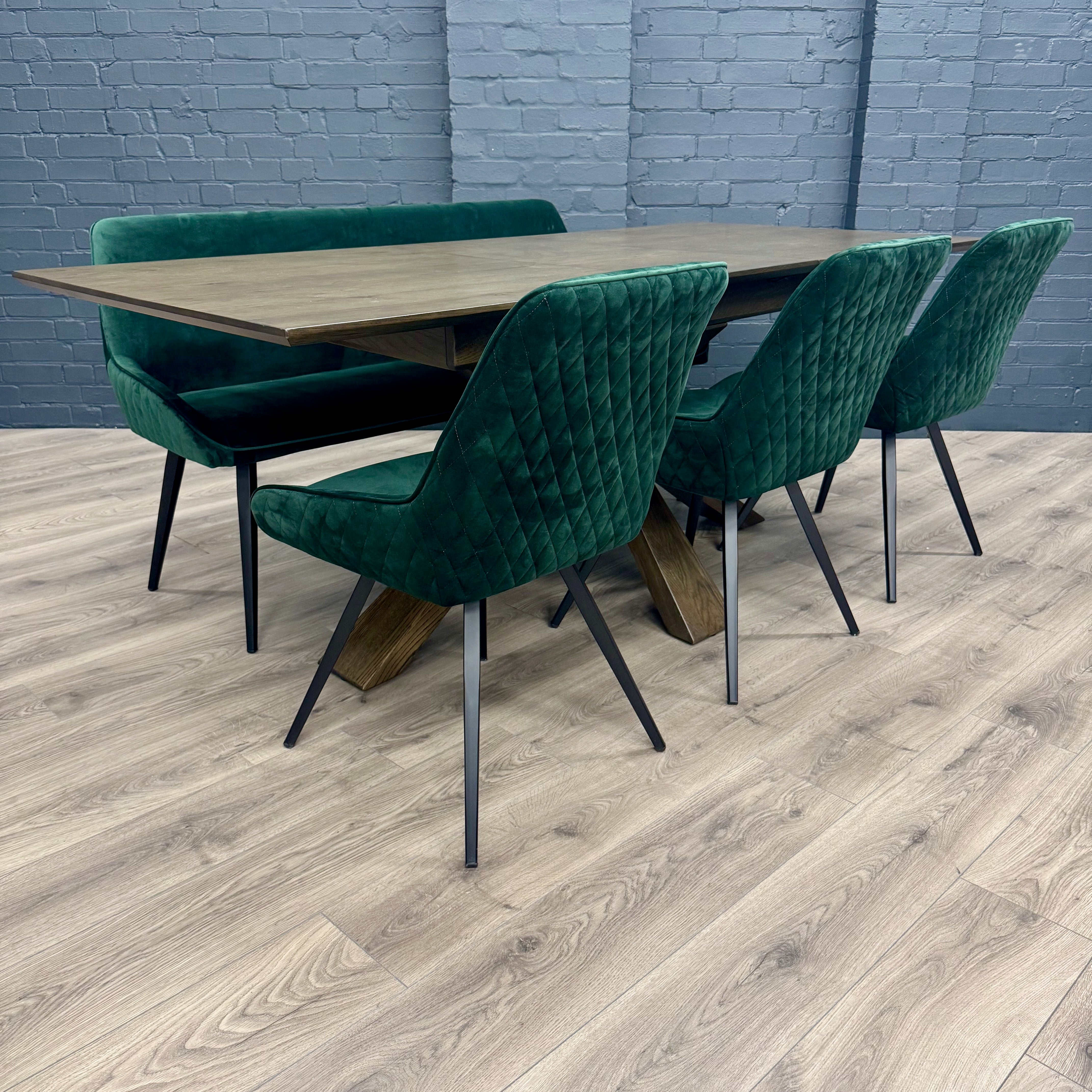 Stamford Oak Dining Table with Cross Leg Wooden Base - 160cm Extending Table PLUS X1 Stamford Green Velvet Bench & X3 Stamford Green Velvet Dining Chair