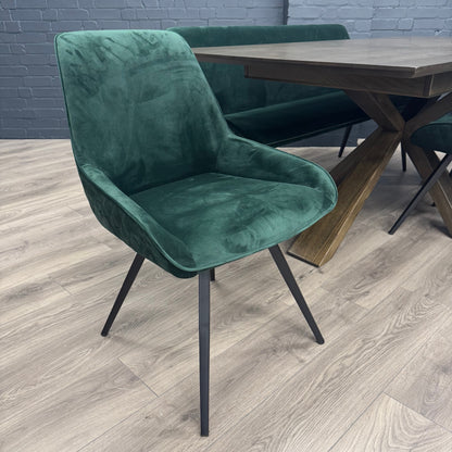 Stamford Oak Dining Table with Cross Leg Wooden Base - 160cm Extending Table PLUS X1 Stamford Green Velvet Bench & X3 Stamford Green Velvet Dining Chair