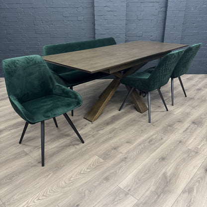 Stamford Oak Dining Table with Cross Leg Wooden Base - 160cm Extending Table PLUS X1 Stamford Green Velvet Bench & X3 Stamford Green Velvet Dining Chair