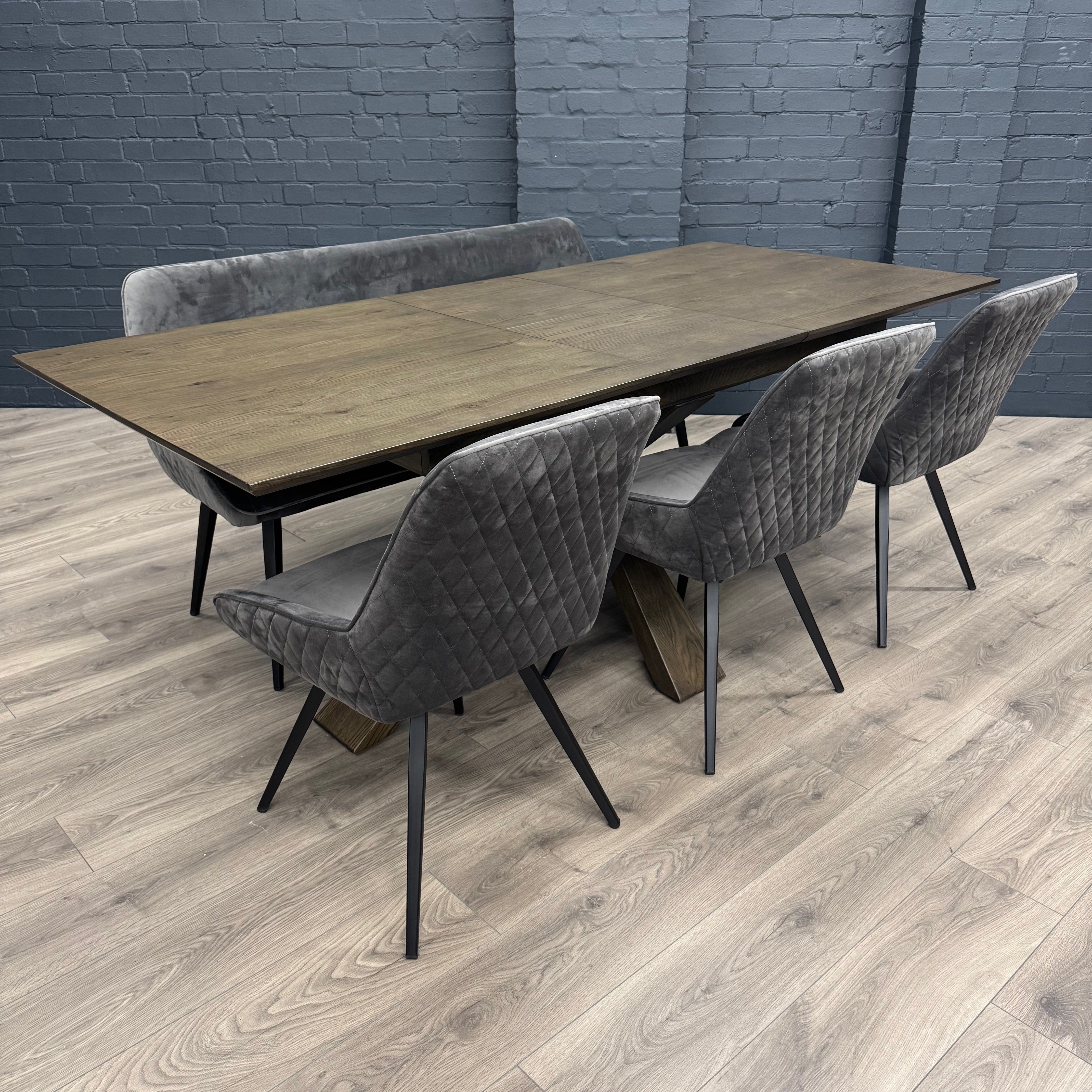 Stamford Oak Dining Table with Cross Leg Wooden Base - 160cm Extending Table PLUS X1 Stamford Grey Velvet Bench & X3 Stamford Grey Velvet Dining Chairs