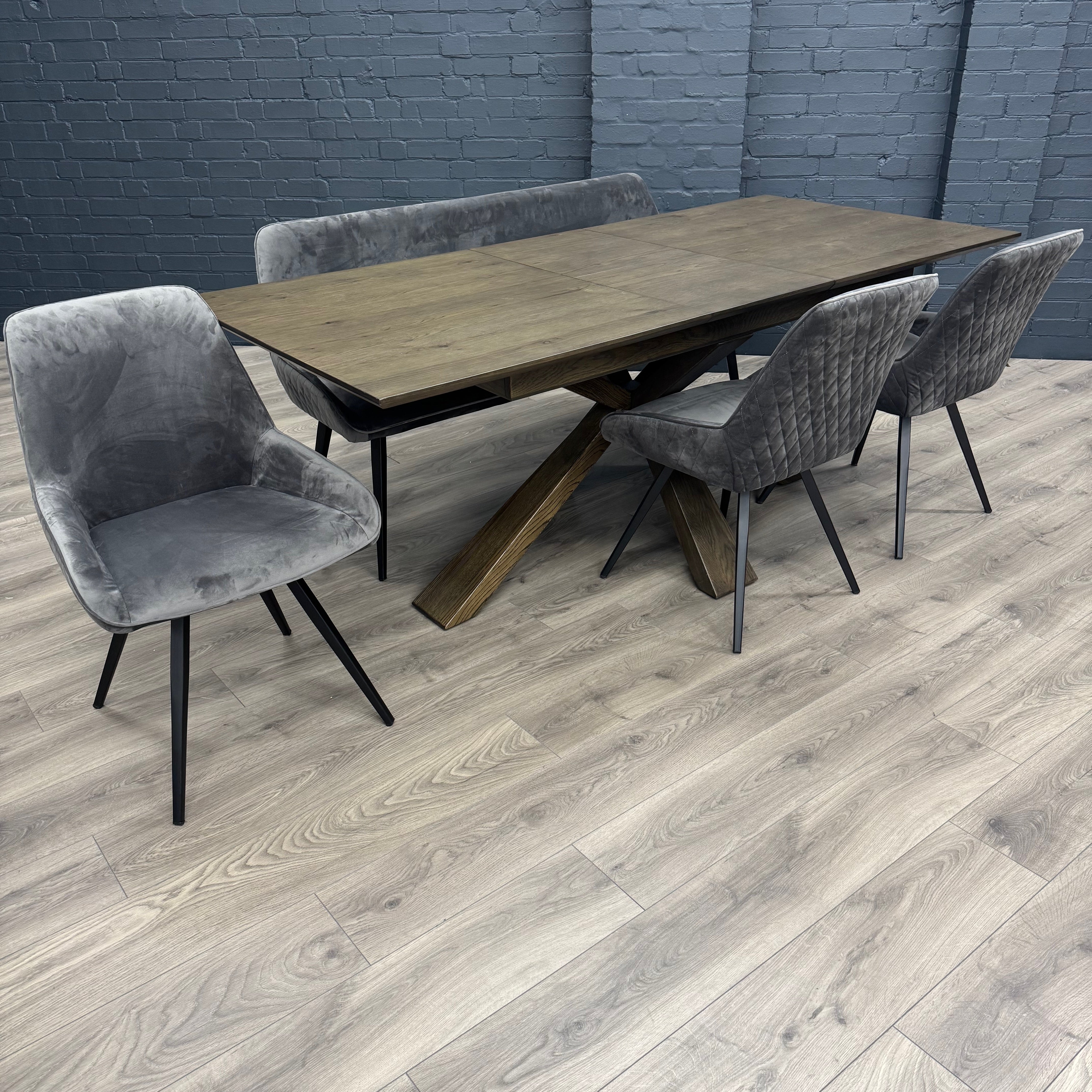 Stamford Oak Dining Table with Cross Leg Wooden Base - 160cm Extending Table PLUS X1 Stamford Grey Velvet Bench & X3 Stamford Grey Velvet Dining Chairs