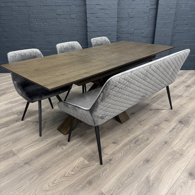 Stamford Oak Dining Table with Cross Leg Wooden Base - 160cm Extending Table PLUS X1 Stamford Grey Velvet Bench & X3 Stamford Grey Velvet Dining Chairs