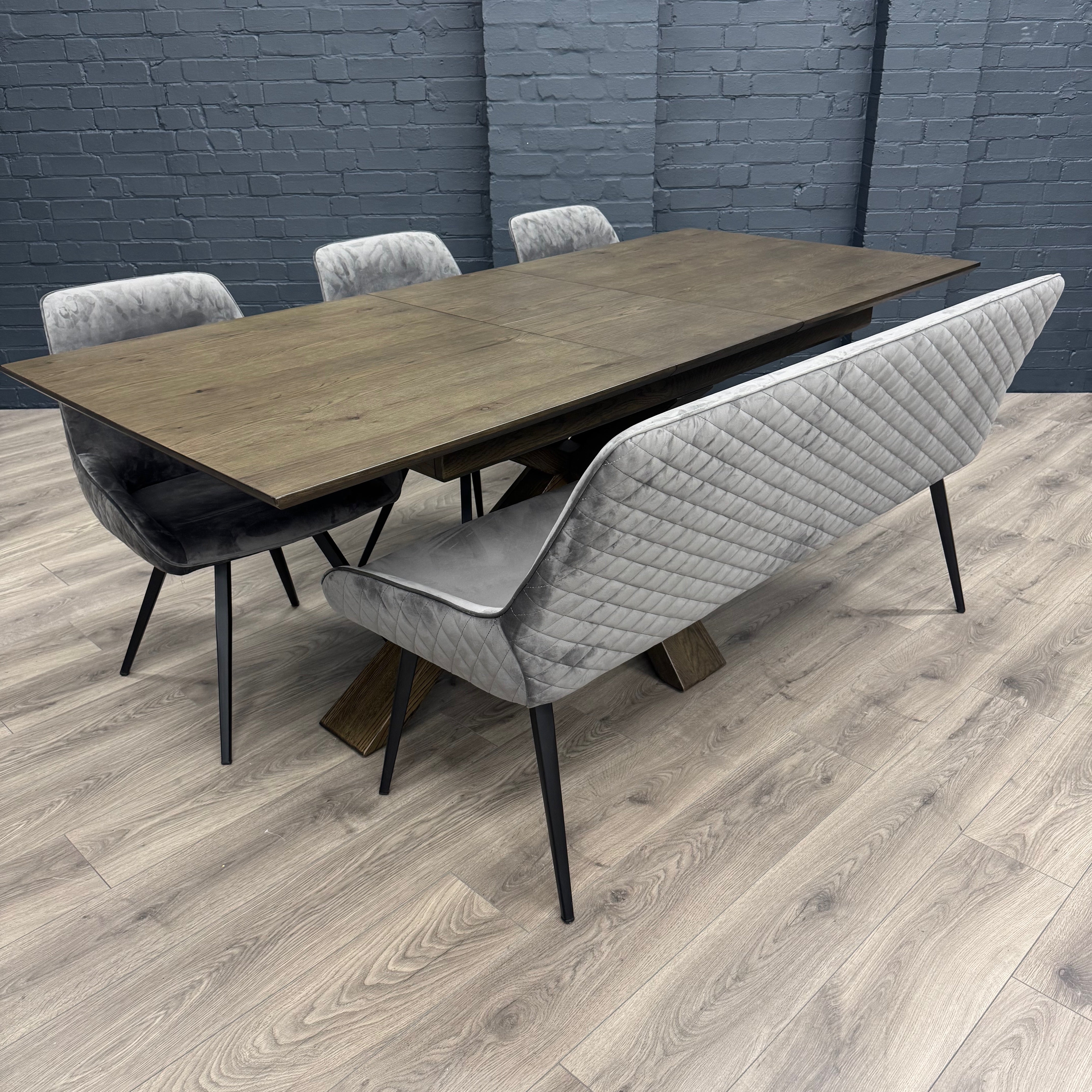Stamford Oak Dining Table with Cross Leg Wooden Base - 160cm Extending Table PLUS X1 Stamford Grey Velvet Bench & X3 Stamford Grey Velvet Dining Chairs