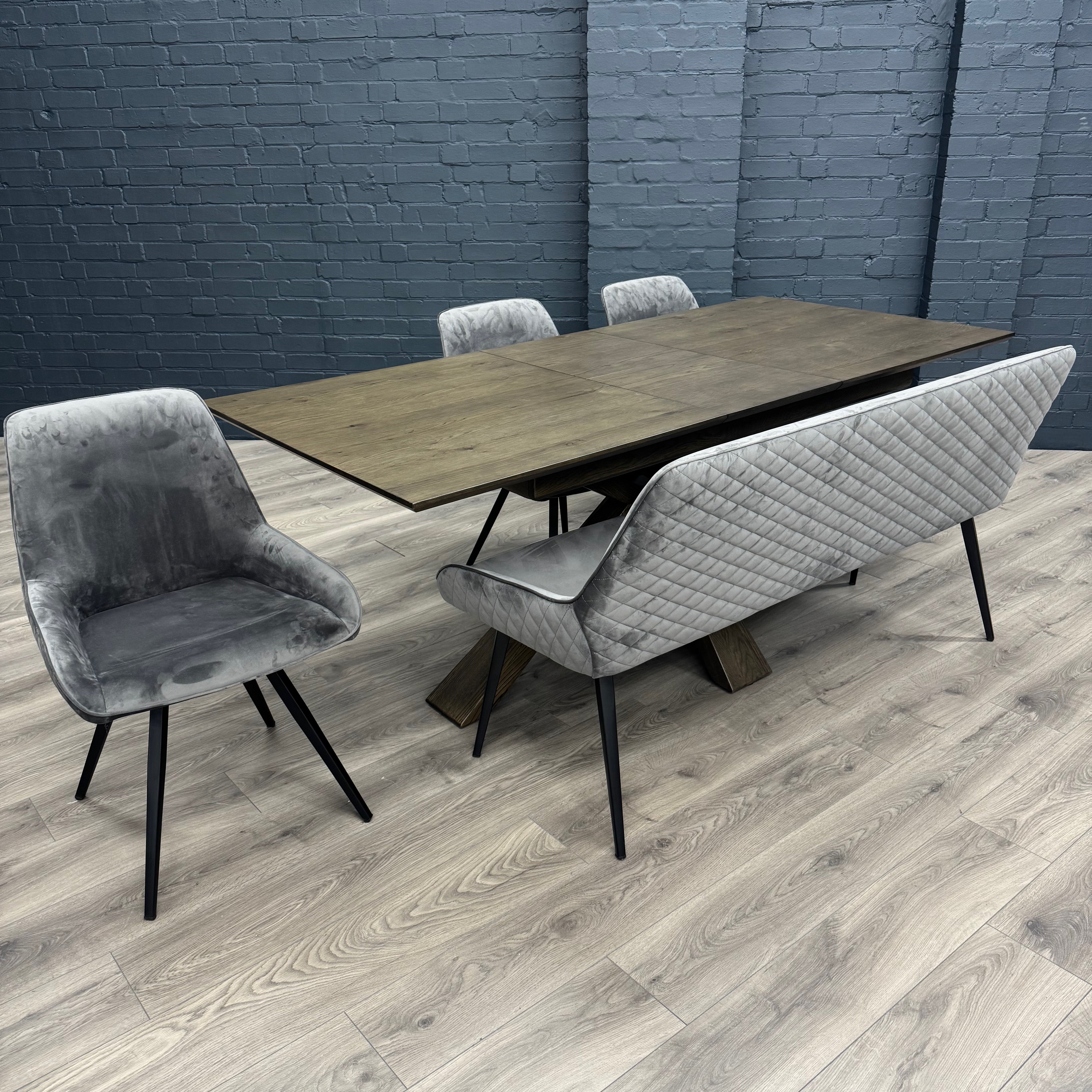 Stamford Oak Dining Table with Cross Leg Wooden Base - 160cm Extending Table PLUS X1 Stamford Grey Velvet Bench & X3 Stamford Grey Velvet Dining Chairs