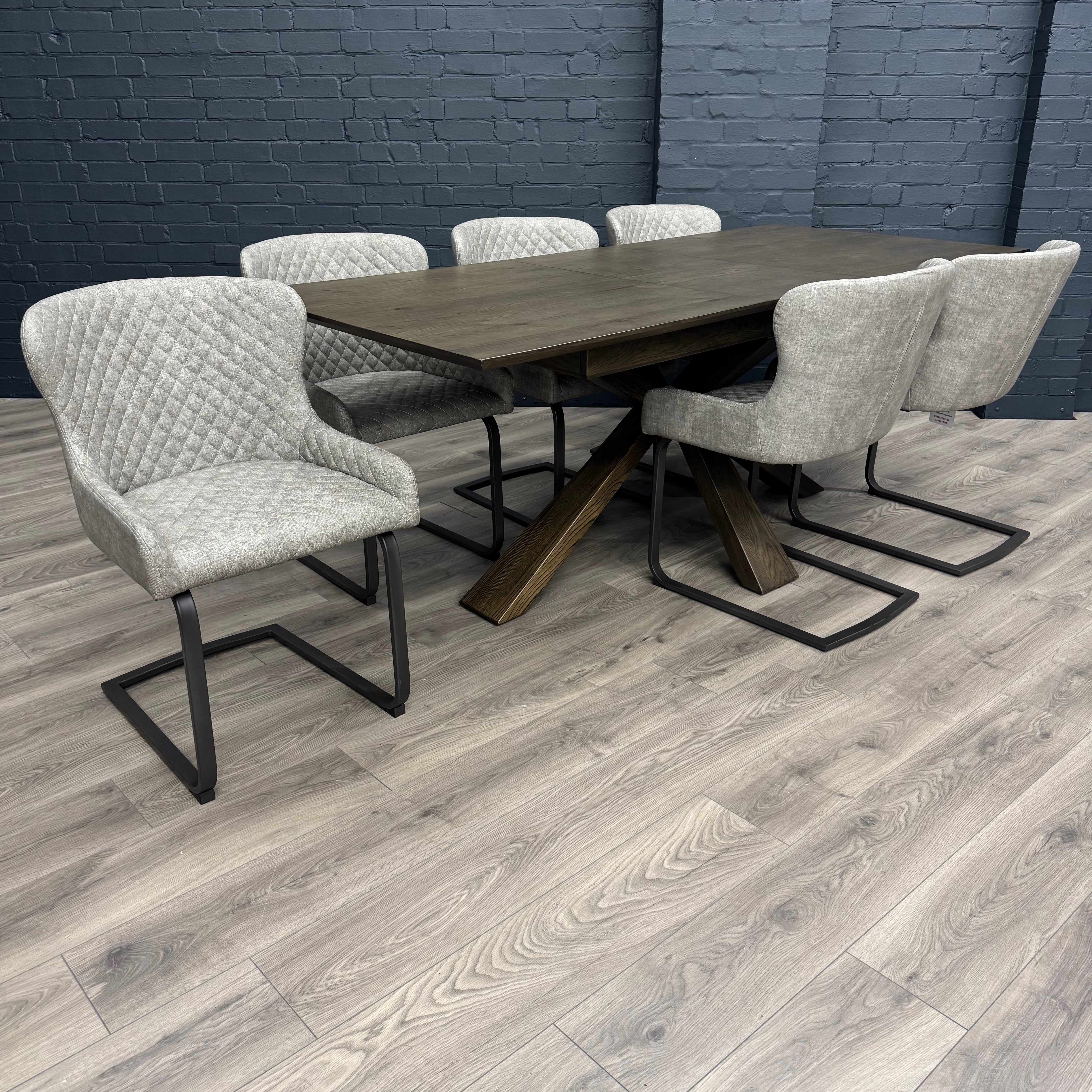 Stamford Oak Dining Table with Cross Leg Wooden Base - 160cm Extending Table PLUS X6 Fusion Platinum Cantilever Dining Chairs
