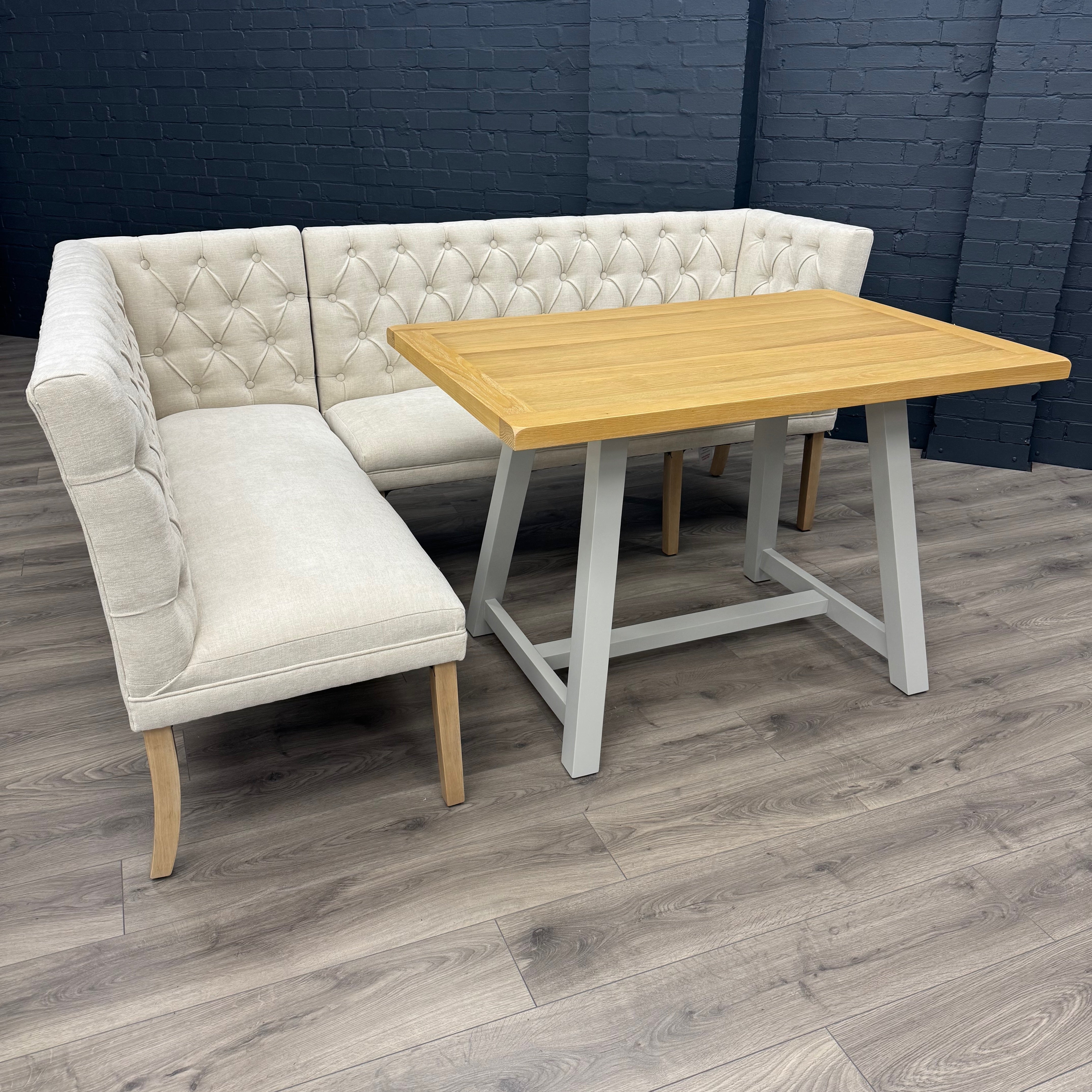 Montgomery Natural Corner Dining Bench Set with Backs, PLUS Earlham Grey Fixed Dining Table with Oak Top - Right Hand Facing