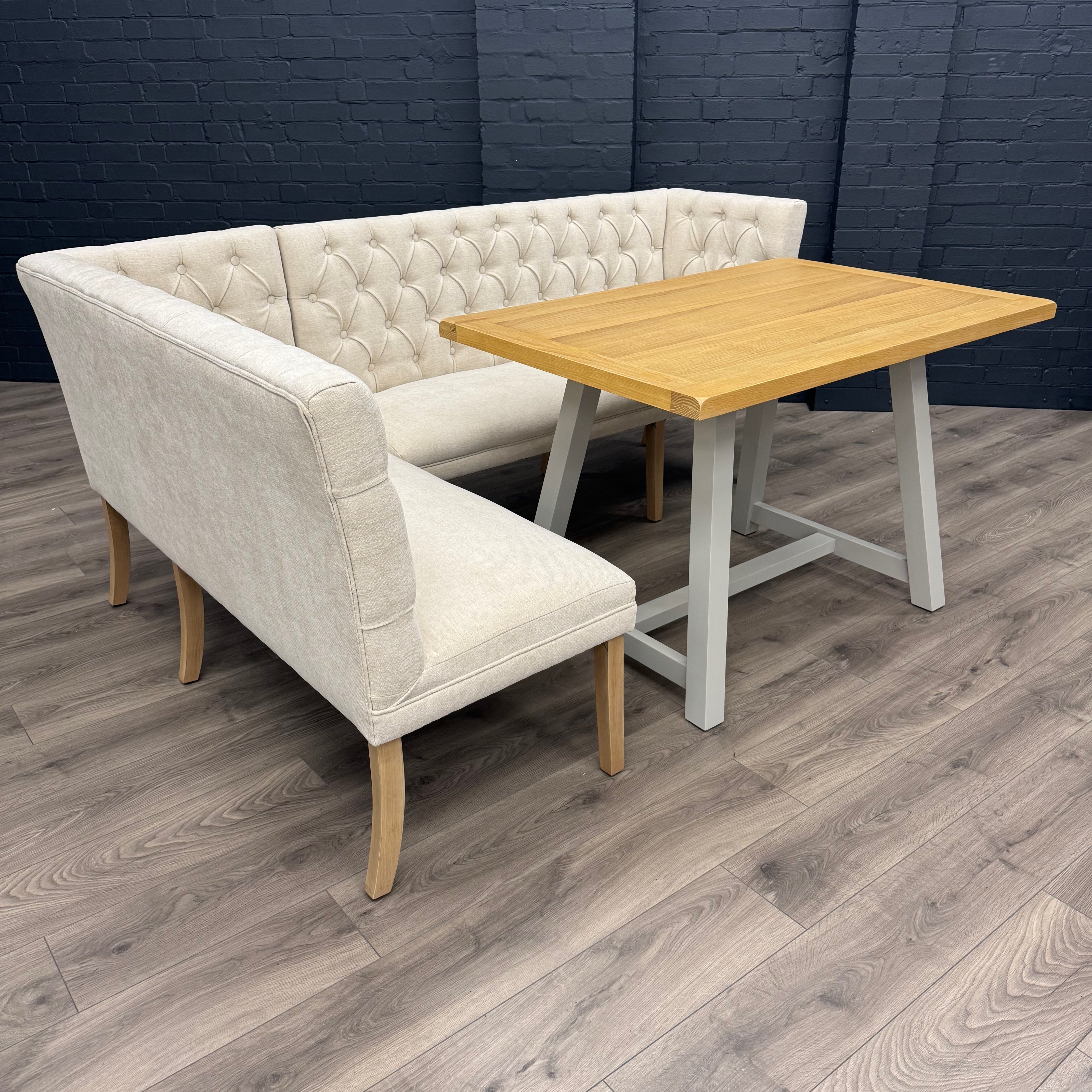 Montgomery Natural Corner Dining Bench Set with Backs, PLUS Earlham Grey Fixed Dining Table with Oak Top - Right Hand Facing