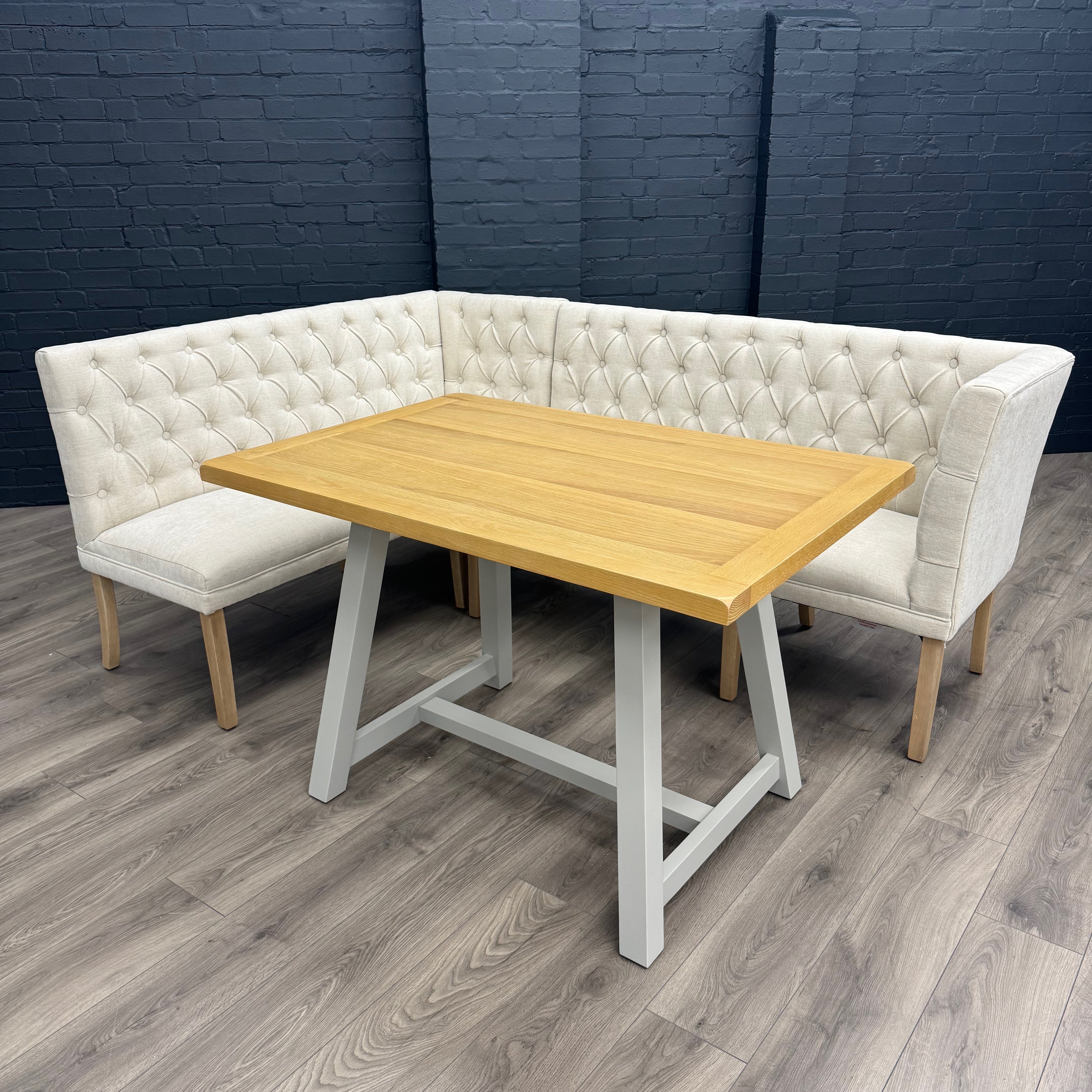 Montgomery Natural Corner Dining Bench Set with Backs, PLUS Earlham Grey Fixed Dining Table with Oak Top - Right Hand Facing