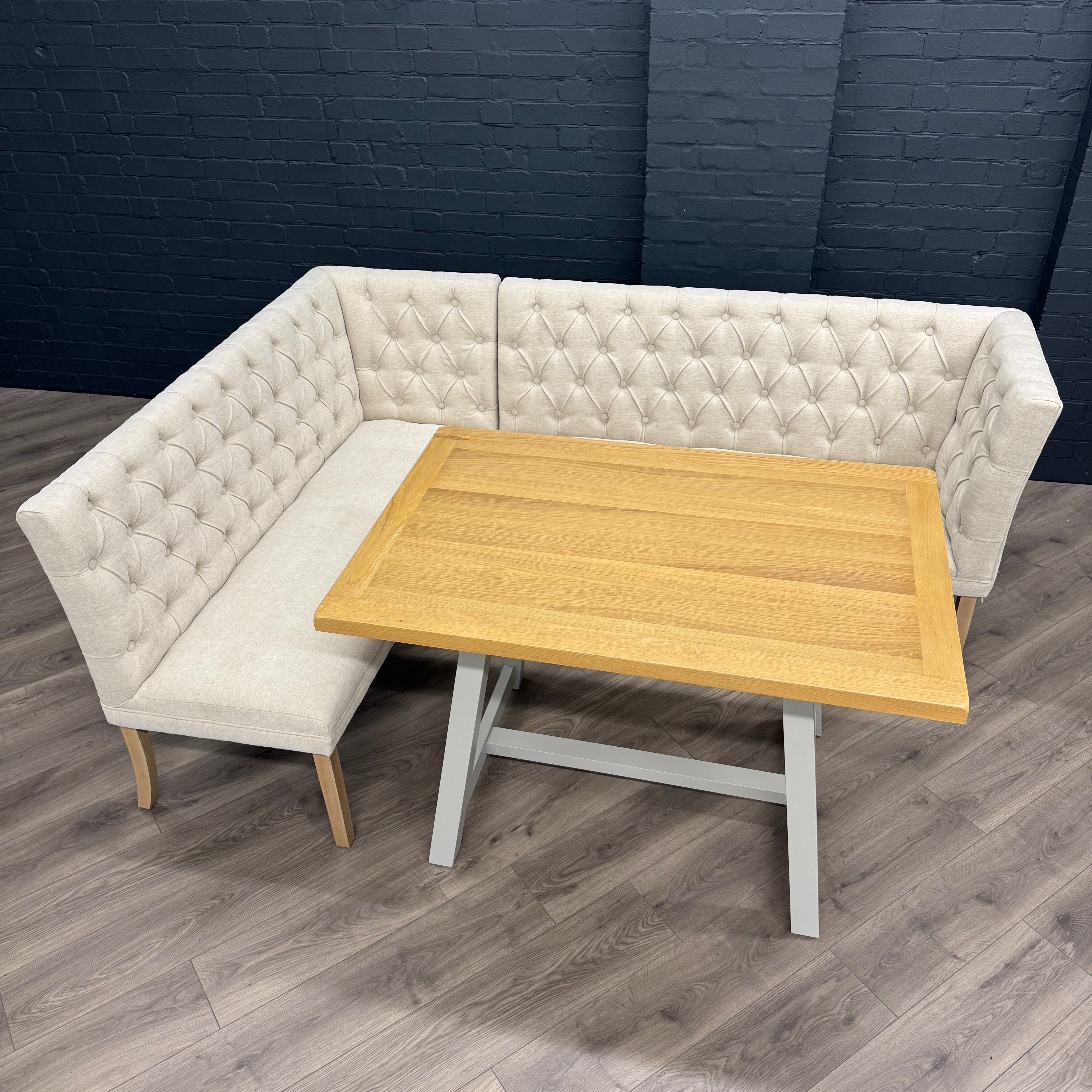 Montgomery Natural Corner Dining Bench Set with Backs, PLUS Earlham Grey Fixed Dining Table with Oak Top - Right Hand Facing