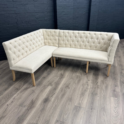 Montgomery Natural Corner Dining Bench Set with Backs, PLUS Earlham Grey Fixed Dining Table with Oak Top - Right Hand Facing