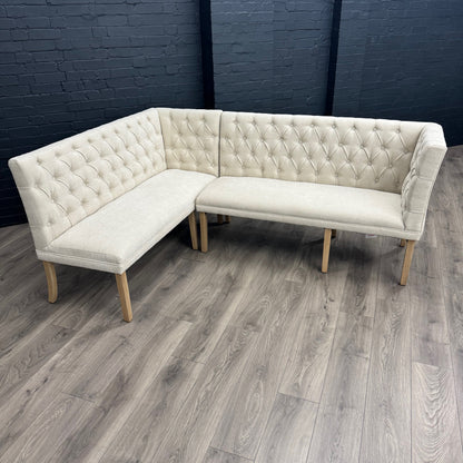 Montgomery Natural Corner Dining Bench Set with Backs, PLUS Earlham Grey Fixed Dining Table with Oak Top - Right Hand Facing