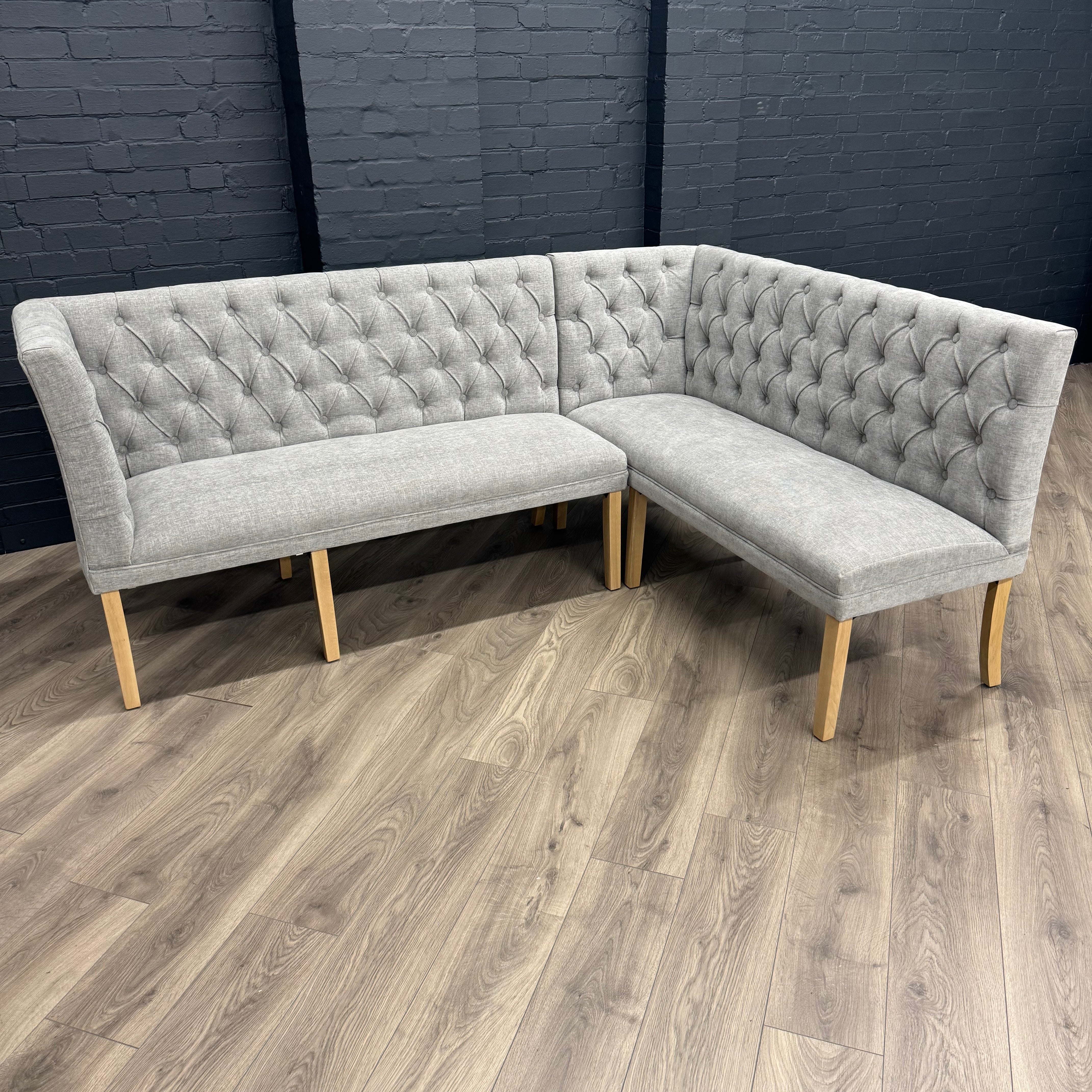 Montgomery Grey Corner Dining Bench Set with Backs, PLUS Earlham Grey Fixed Dining Table with Oak Top - Left Hand Facing