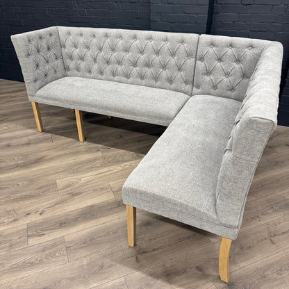Montgomery Grey Corner Dining Bench Set with Backs, PLUS Earlham Grey Fixed Dining Table with Oak Top - Left Hand Facing
